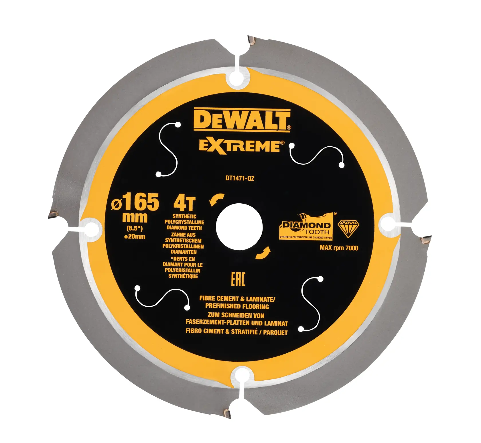 DEWALT DT1471 Extreme saw blade for fibre cement and laminate. 165mm diameter, 4 synthetic diamond teeth.