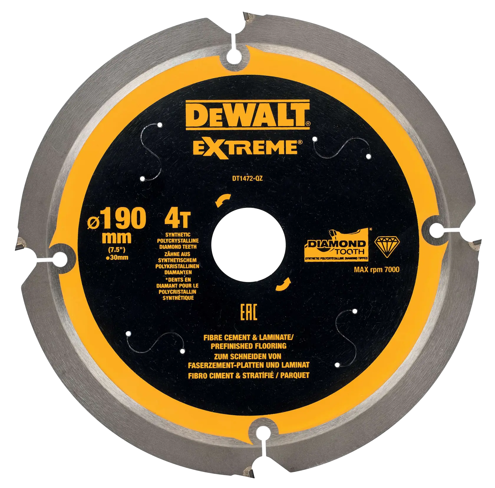 DEWALT DT1472 Extreme saw blade for fiber cement and laminate, 190mm diameter, 4T, diamond tooth.