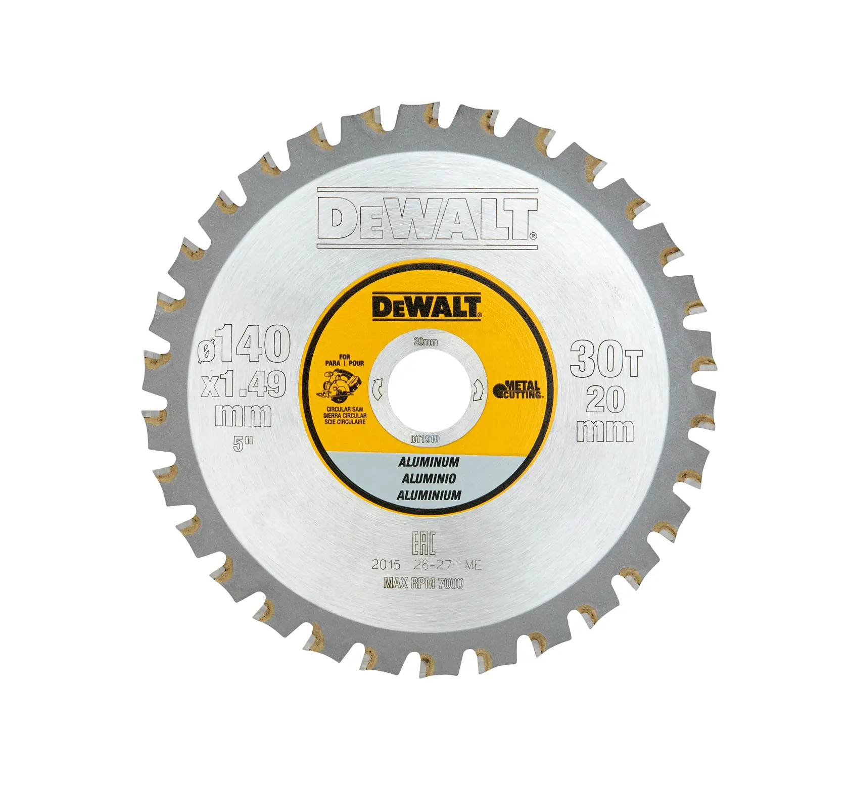 DEWALT DT1910 circular saw blade for cutting aluminum, 140mm 30T, silver and yellow, shown on white background.