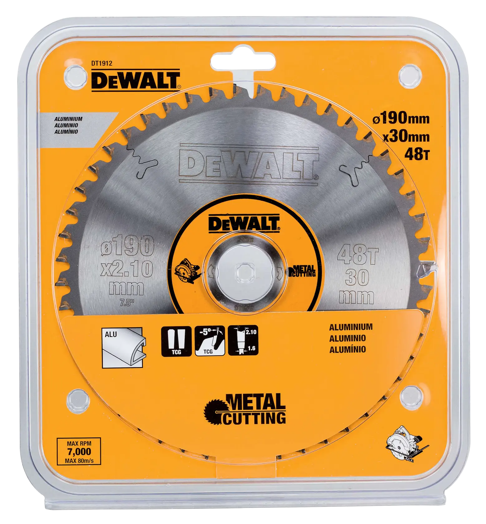 DEWALT DT1912 circular saw blade for metal cutting, 190mm diameter, 48 teeth, in plastic packaging.