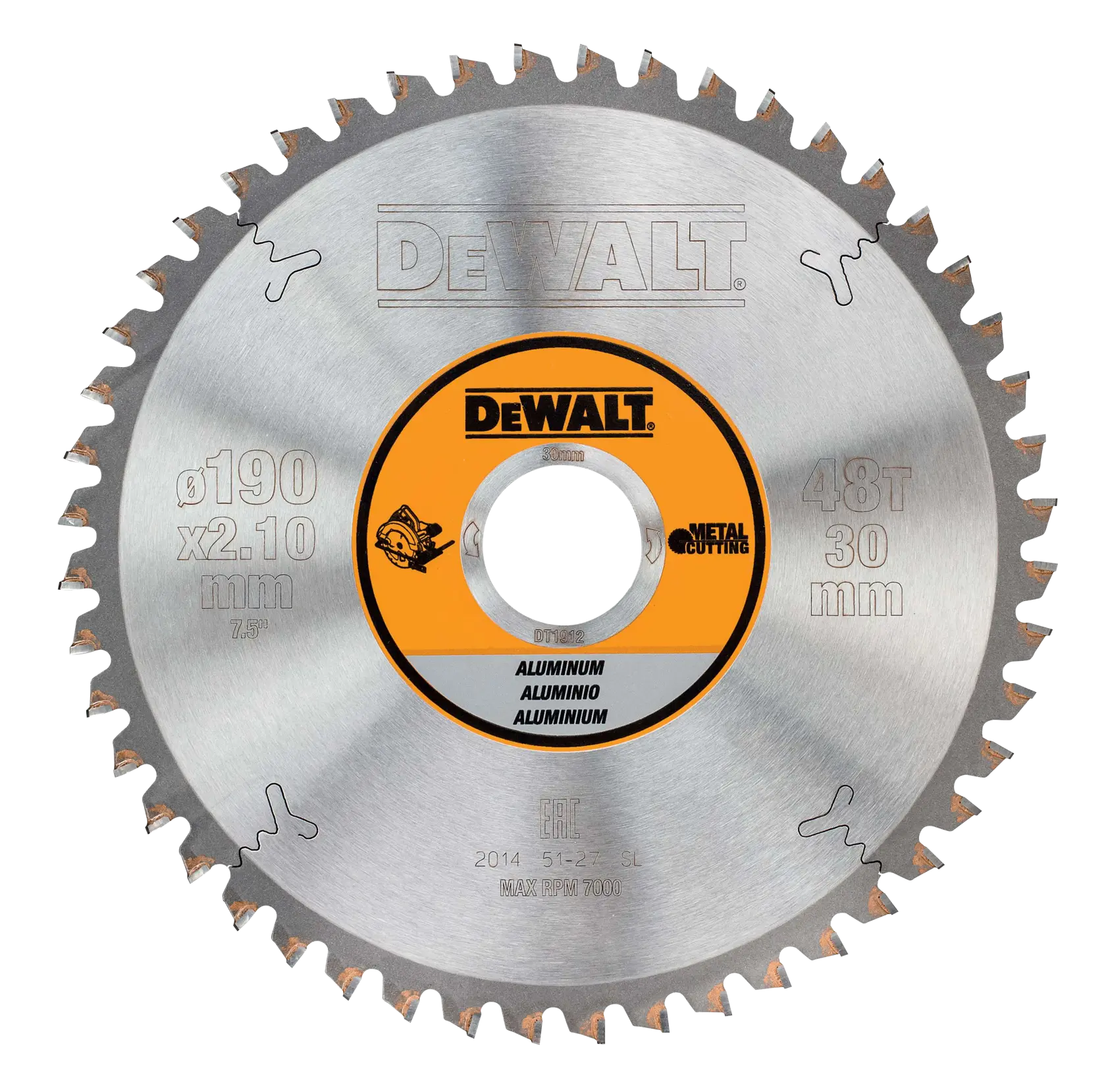 DEWALT DT1912 circular saw blade for aluminum, 48 teeth, 190mm diameter, metal cutting, silver with orange label.