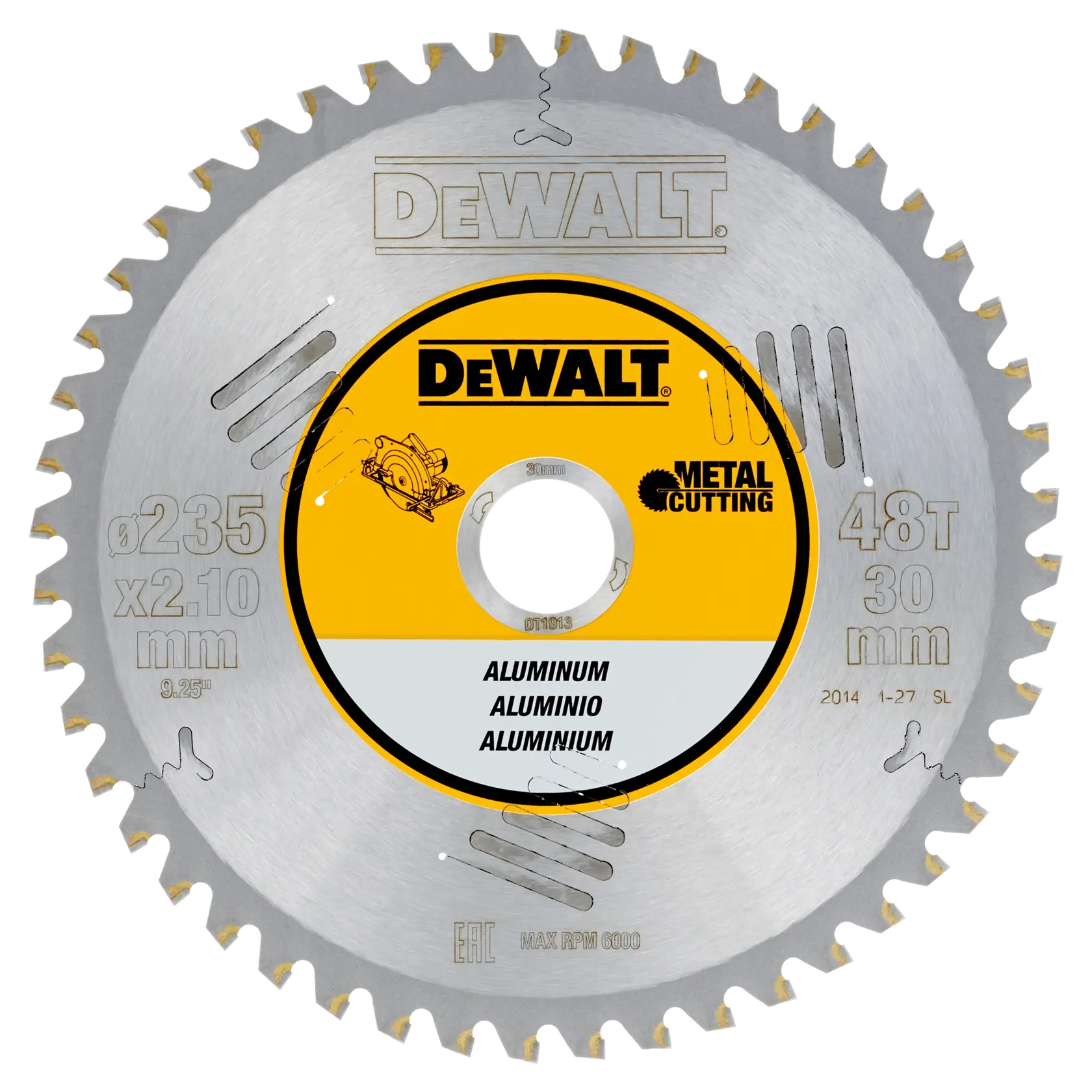A DEWALT branded metal cutting circular saw blade for aluminum, model DT1913. The blade is silver with a yellow and black label in the center, indicating specifications such as 235 mm diameter, 2.10 mm thickness, 48 teeth, and 30 mm arbor size.