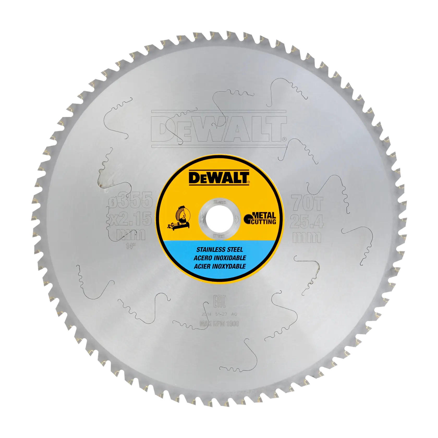 DEWALT DT1921 metal cutting saw blade for stainless steel, circular shape with serrated edges.