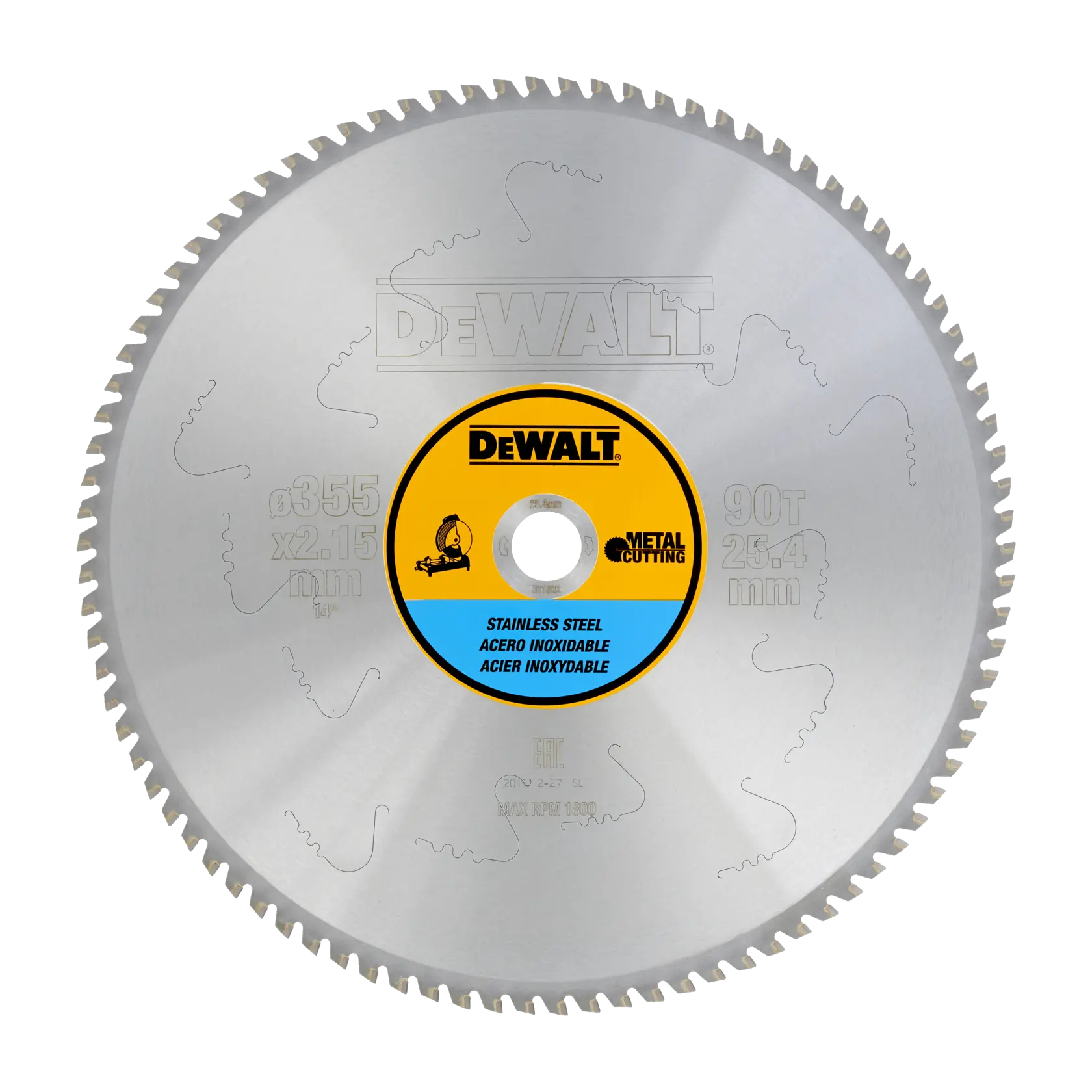 DEWALT stainless steel circular saw blade for metal cutting, 355mm diameter and 90 teeth.