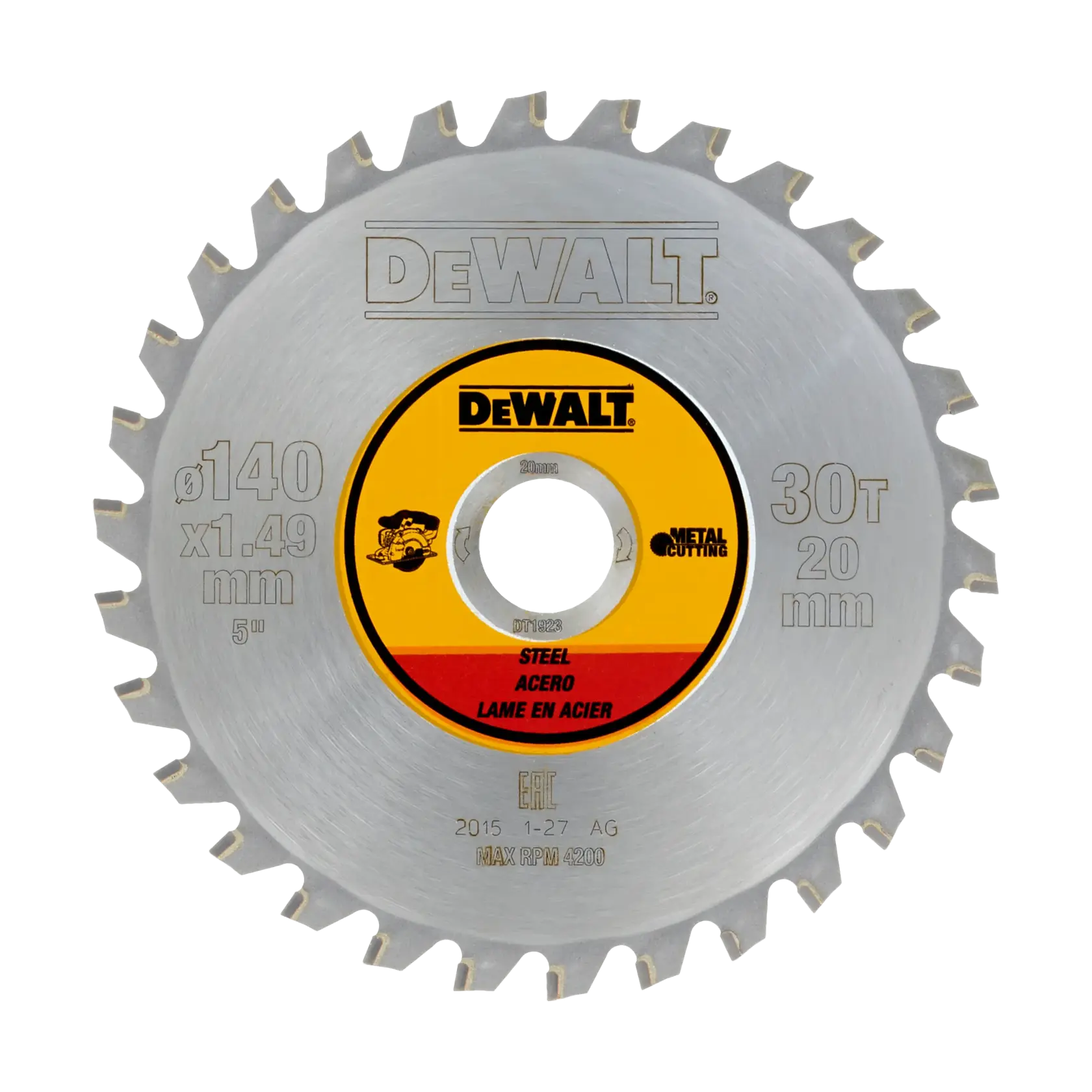 DEWALT DT1923 steel saw blade, 140mm diameter, 30 teeth, designed for metal cutting.