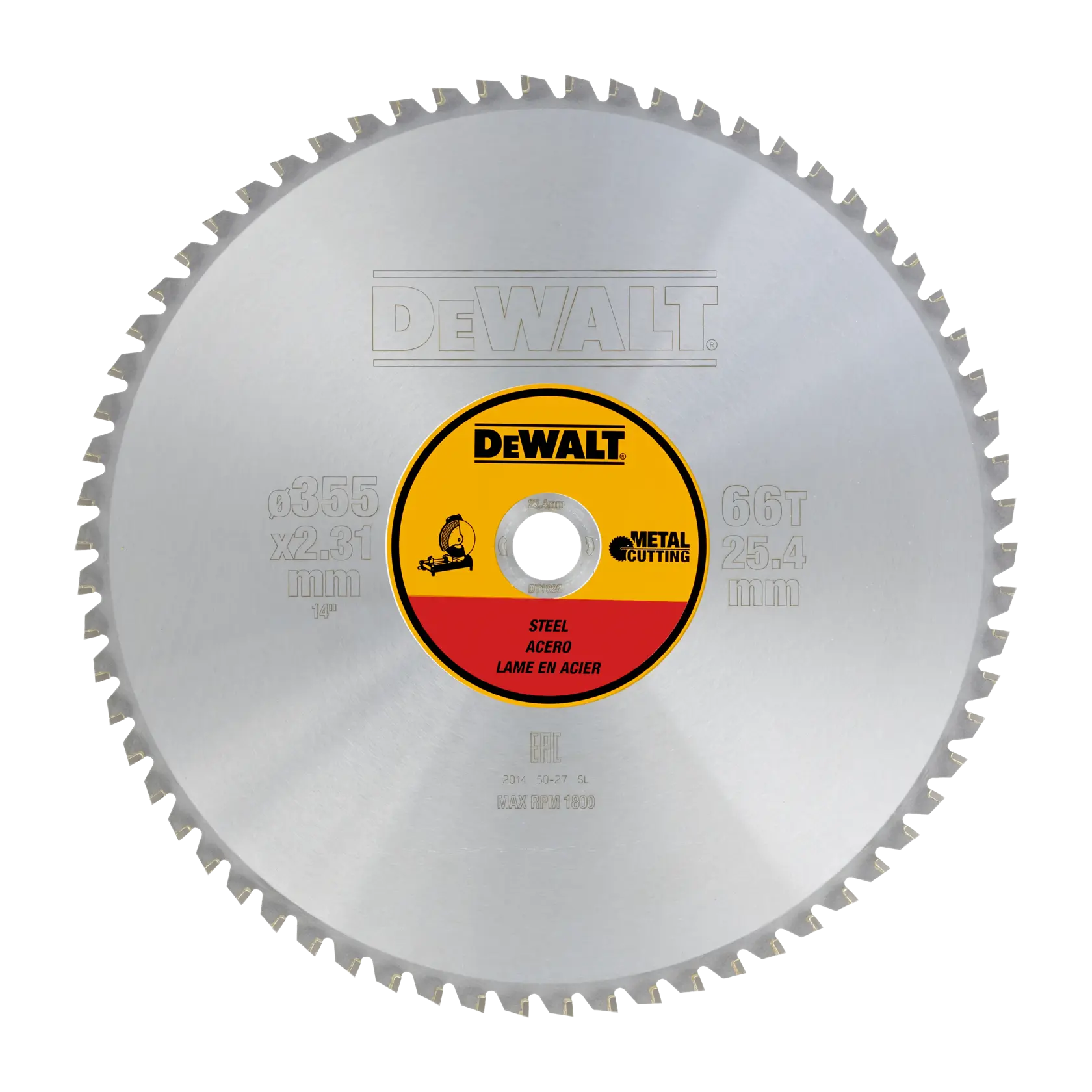 DEWALT DT1926 steel cutting circular saw blade with 66 teeth, 355mm diameter, shown from front.