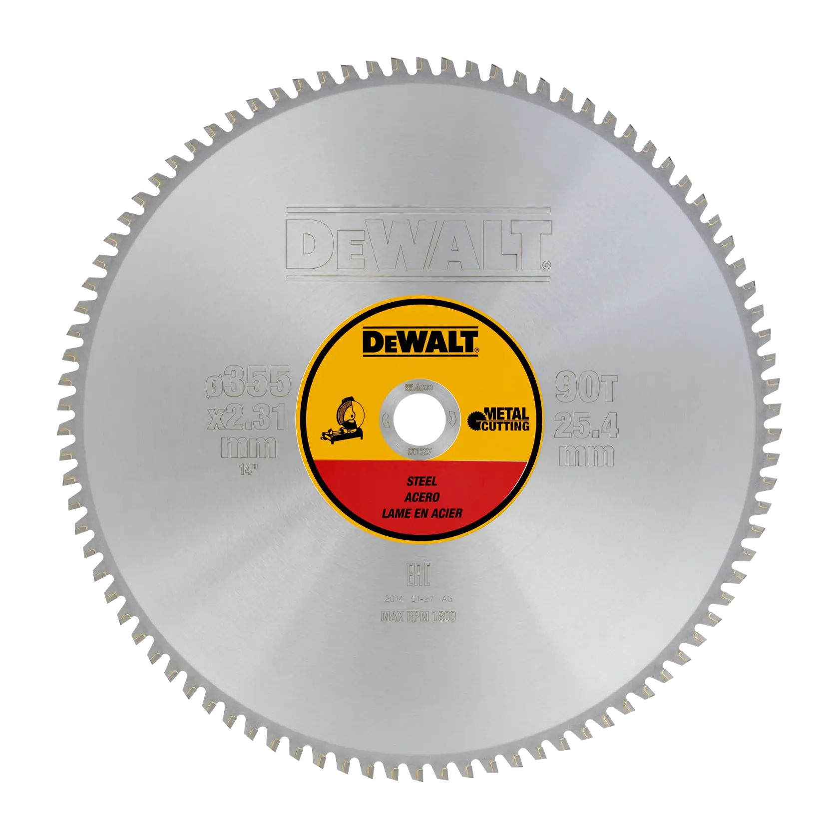 DEWALT DT1927 steel cutting circular saw blade, 355mm diameter, 90 teeth, for metal cutting.