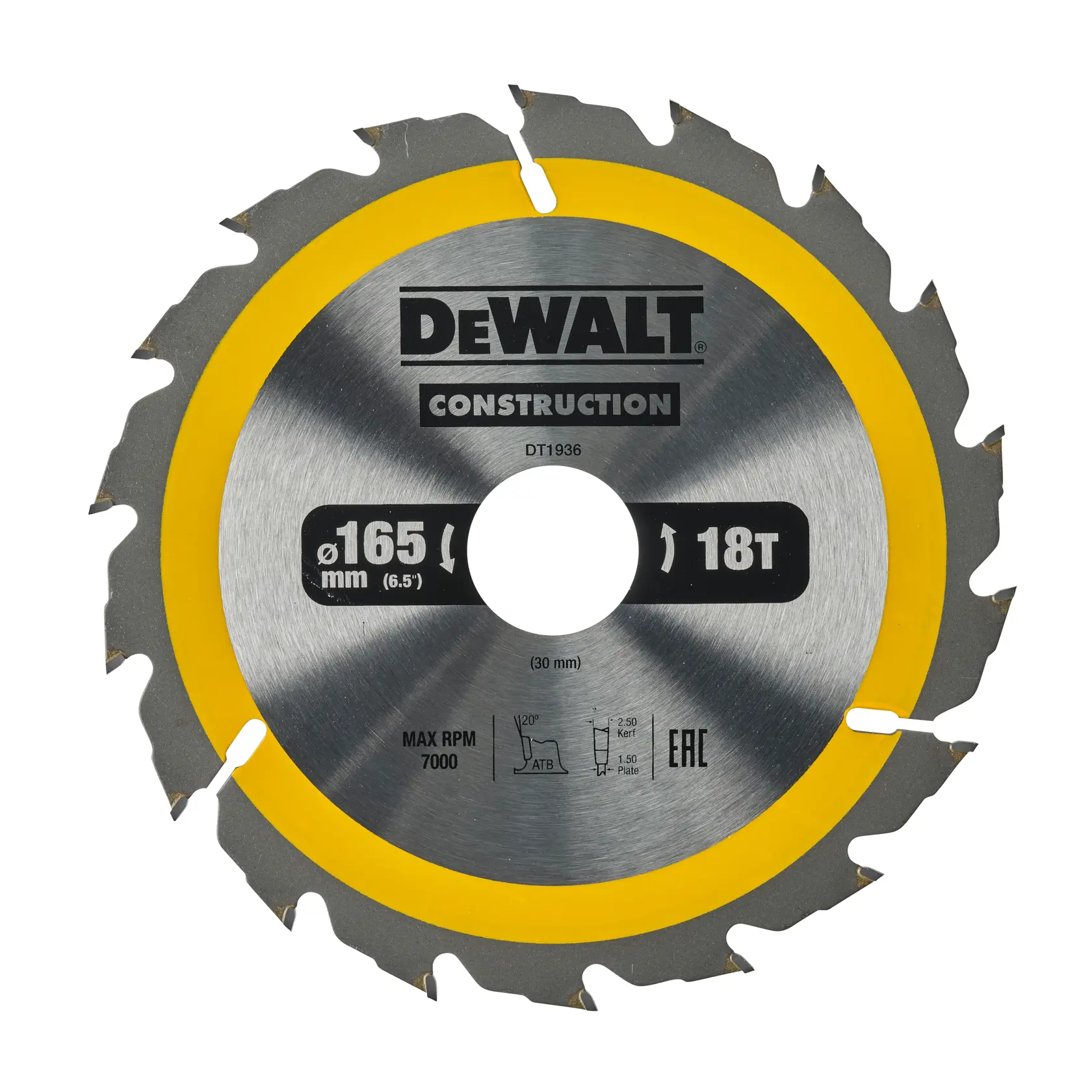 DEWALT DT1936 circular saw blade, 165 mm diameter, 18 teeth, silver and yellow, for construction use.