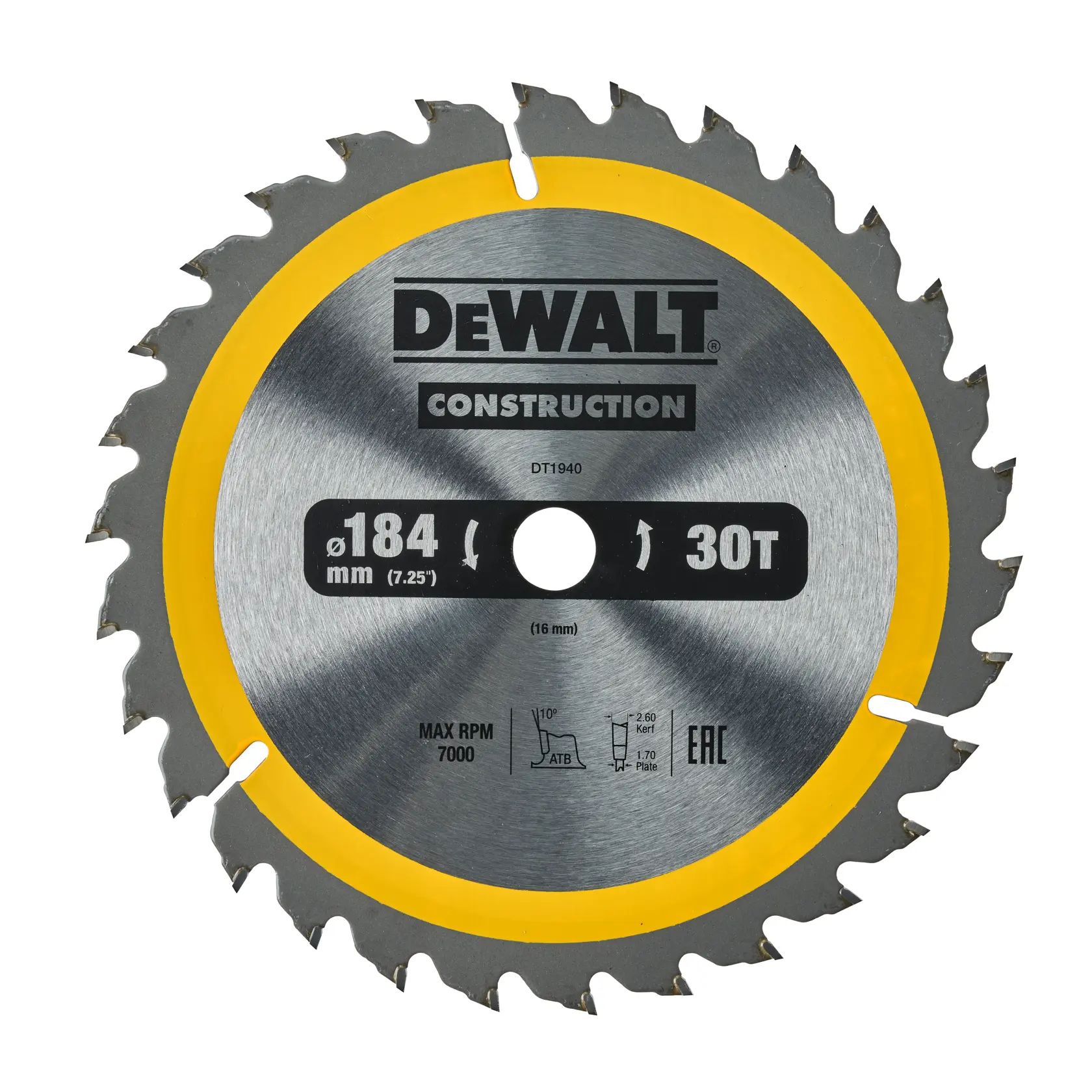 DEWALT DT1940 circular saw blade, 184mm diameter, 30 teeth, silver with yellow trim.