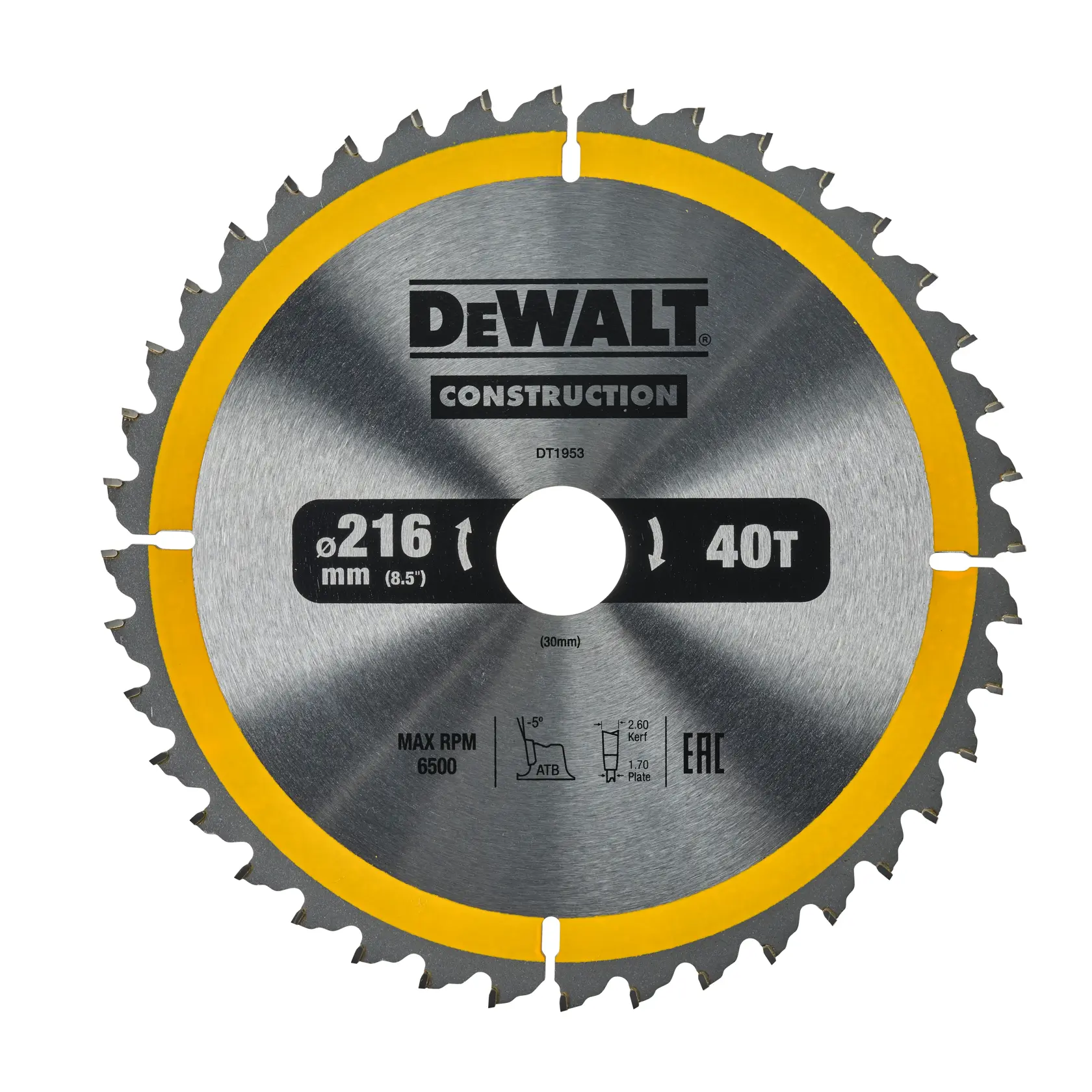 DEWALT DT1953 circular saw blade, 216mm diameter, 40 teeth, silver with yellow rim, for construction cutting.