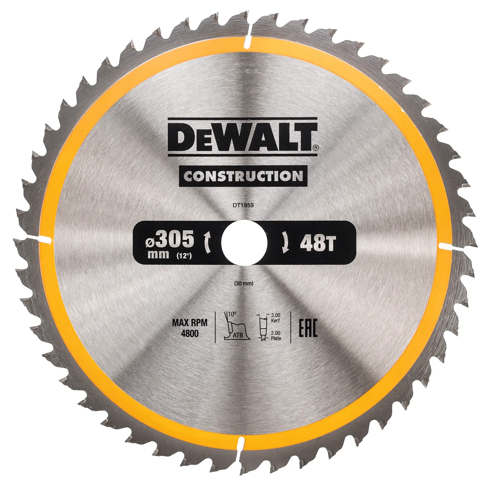 DEWALT DT1959 circular saw blade, 305mm diameter, 48 teeth, for construction use.