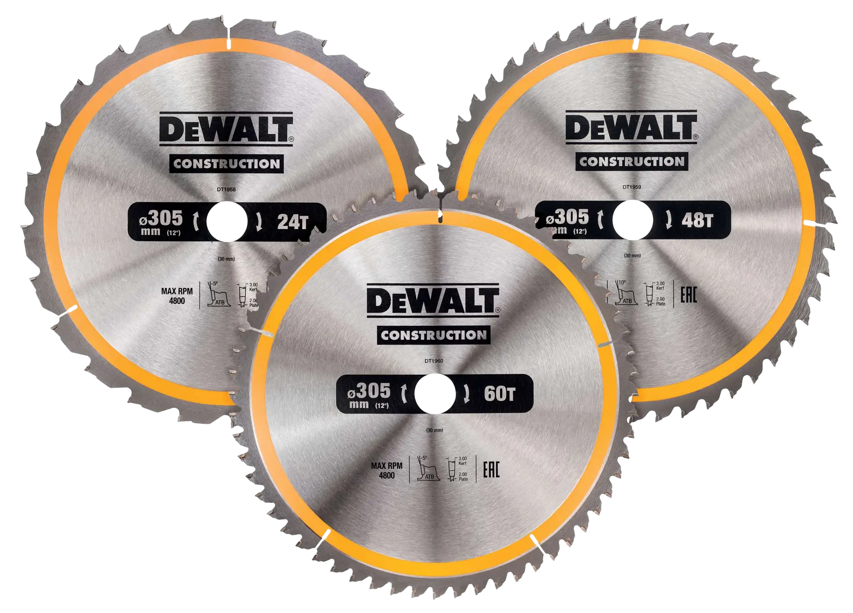 Three DEWALT circular saw blades for construction, 305mm size, each with different tooth counts: 24T, 48T, 60T.