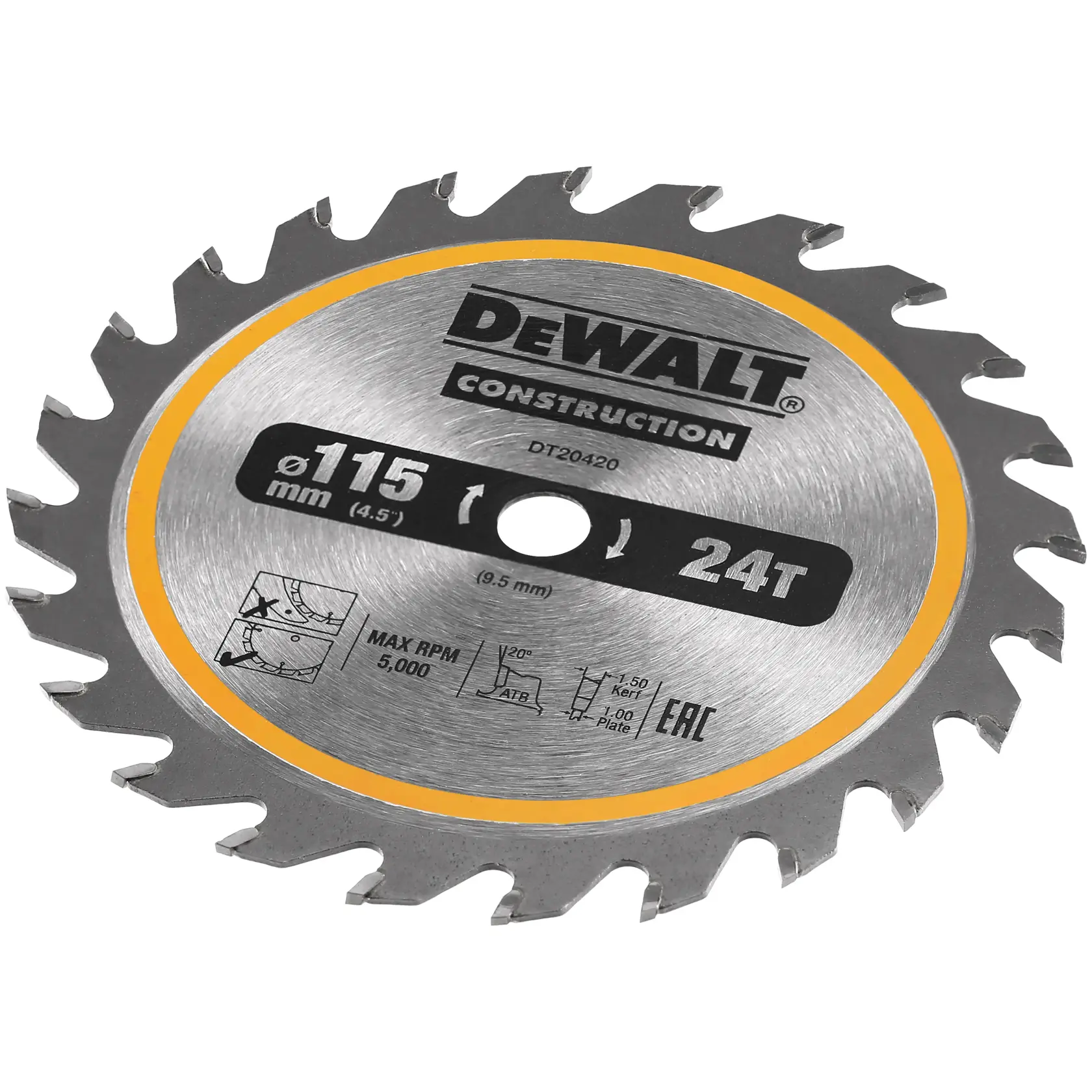 DEWALT 115mm 24T circular saw blade for construction, model DT20420, with max 5,000 RPM.