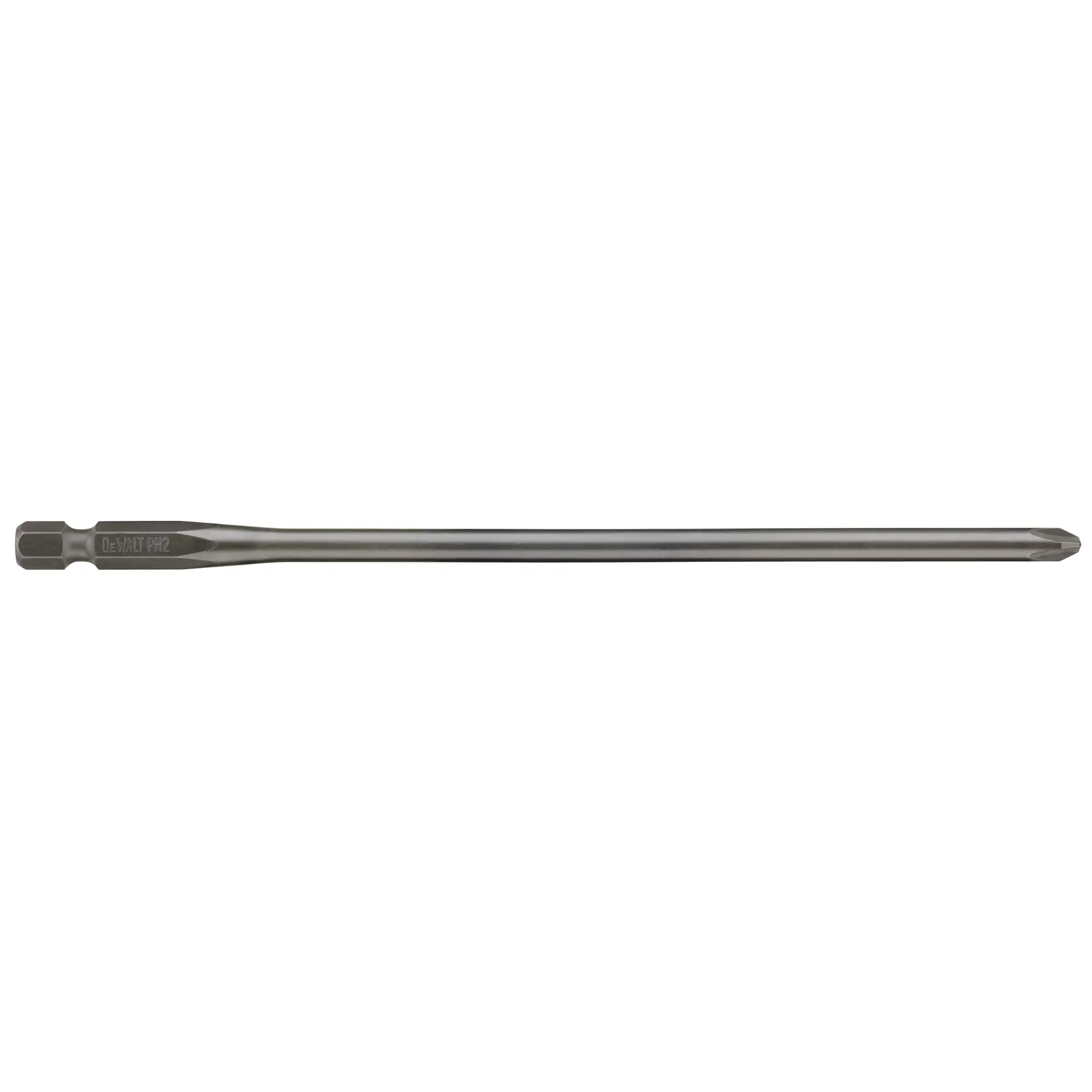 Long DEWALT screwdriver bit, Phillips head, silver, suitable for power tools.