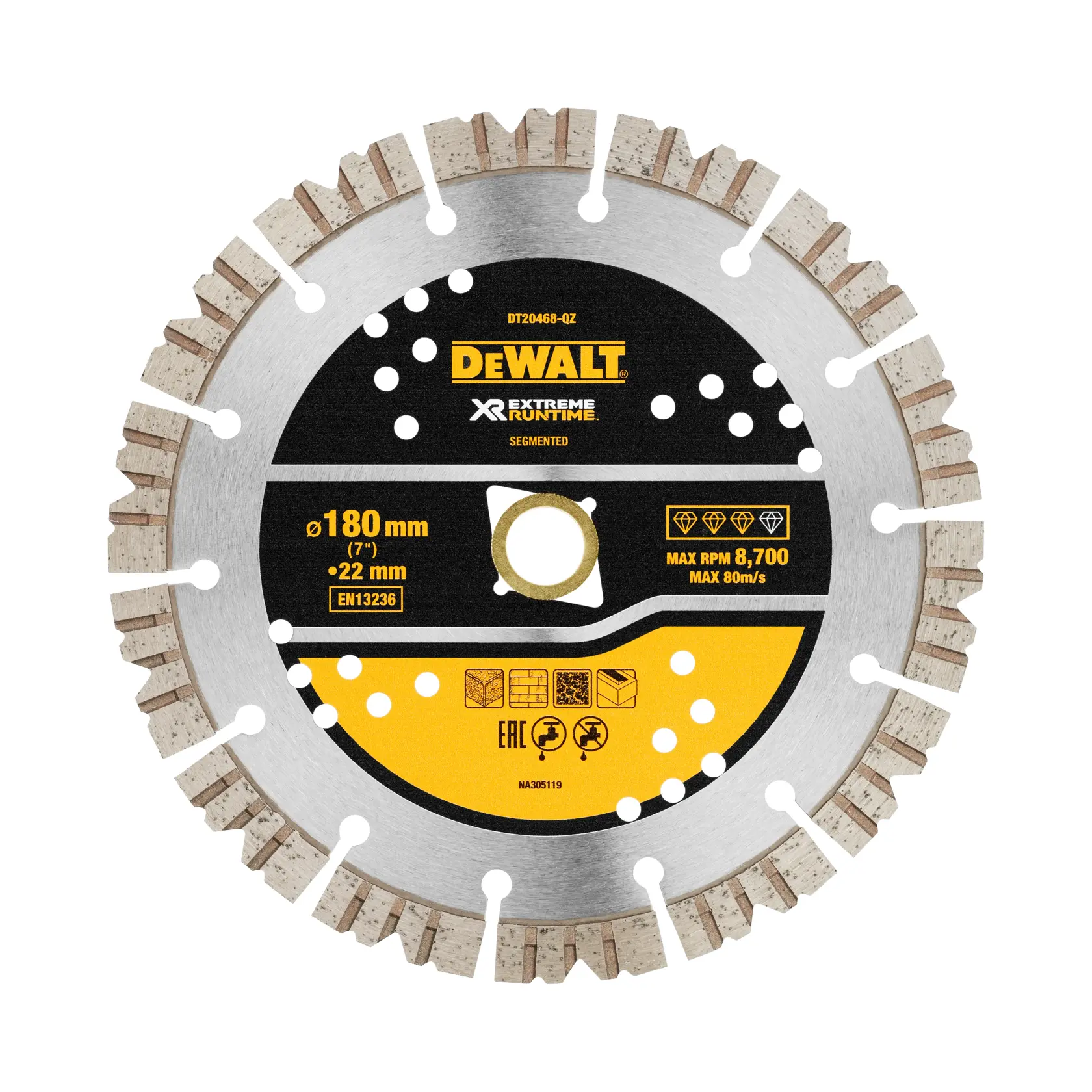 DEWALT segmented diamond blade DT20468 for cutting, 180 mm diameter, Extreme Runtime series.