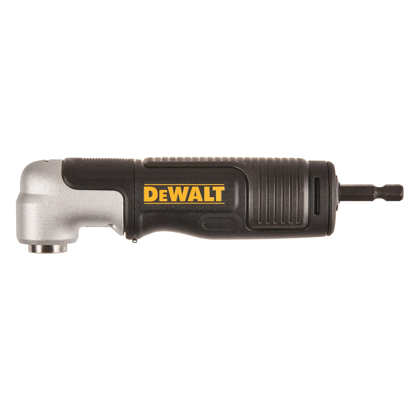 DEWALT DT20500 right angle attachment for drills, black and silver compact design, side view.