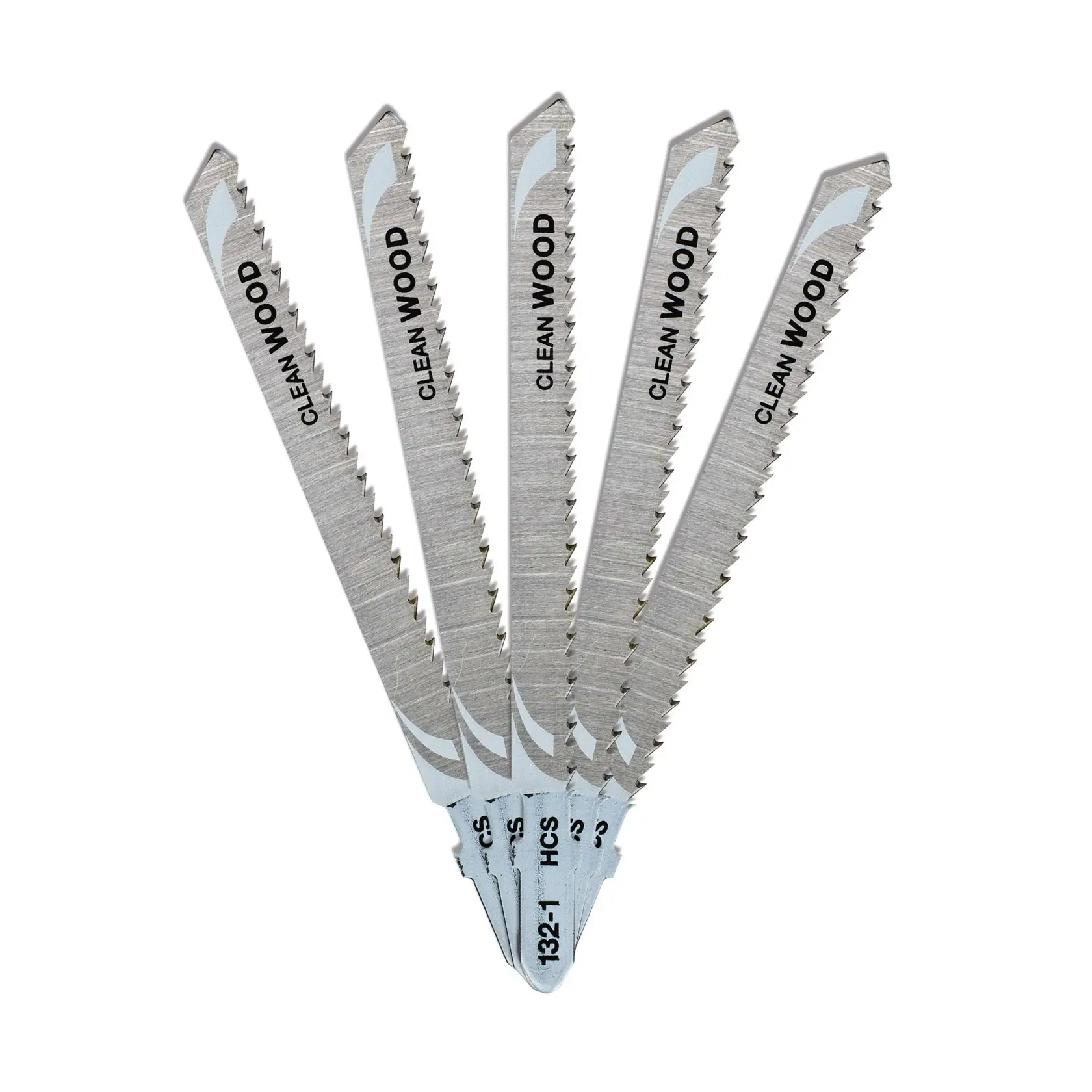 Five DEWALT jigsaw blades for clean wood cutting, fanned out and displayed on a white background.