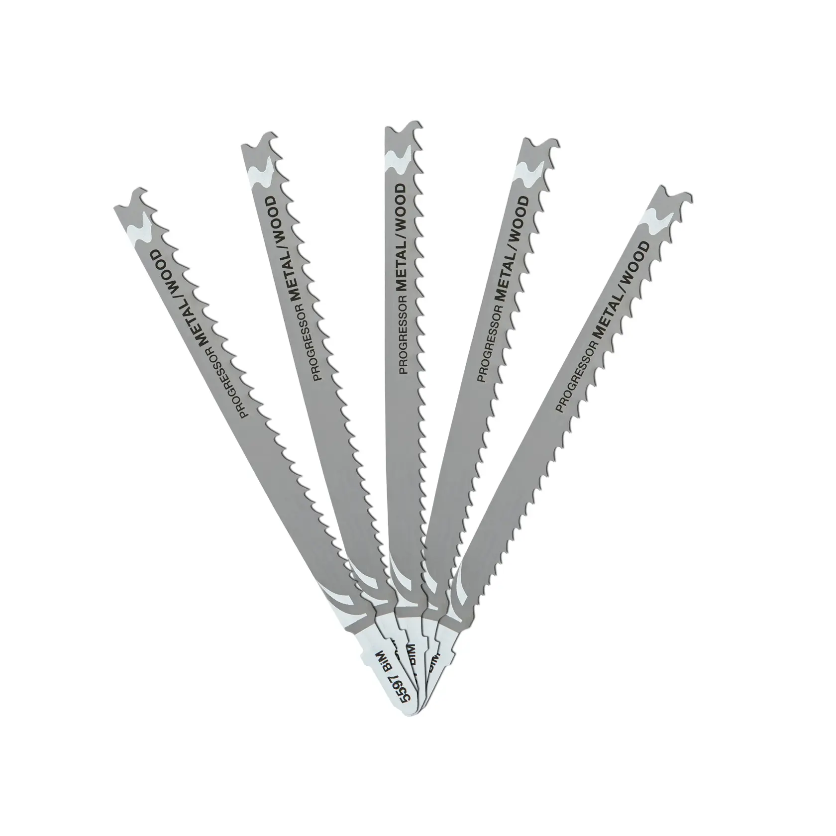 Five DEWALT DT2059 jigsaw blades for cutting metal and wood, arranged in a fan shape on a white background.