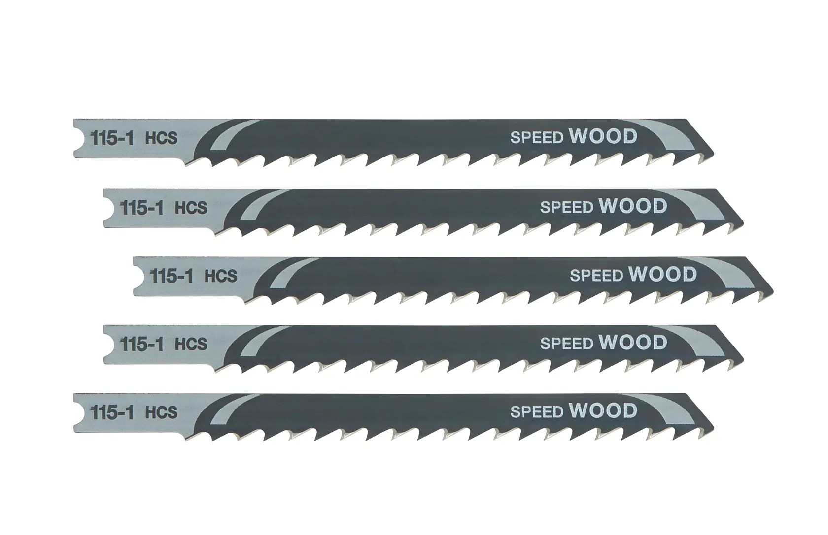 Set of five DEWALT DT2061 jigsaw blades for fast wood cutting, shown with serrated teeth.