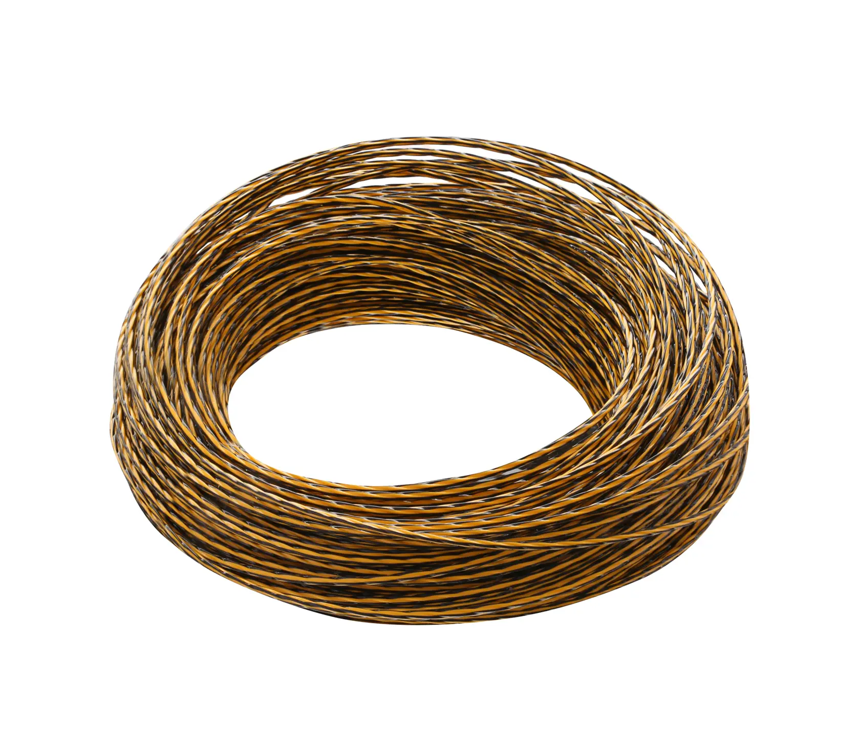 A coiled spool of twisted yellow and black wire on a white background.