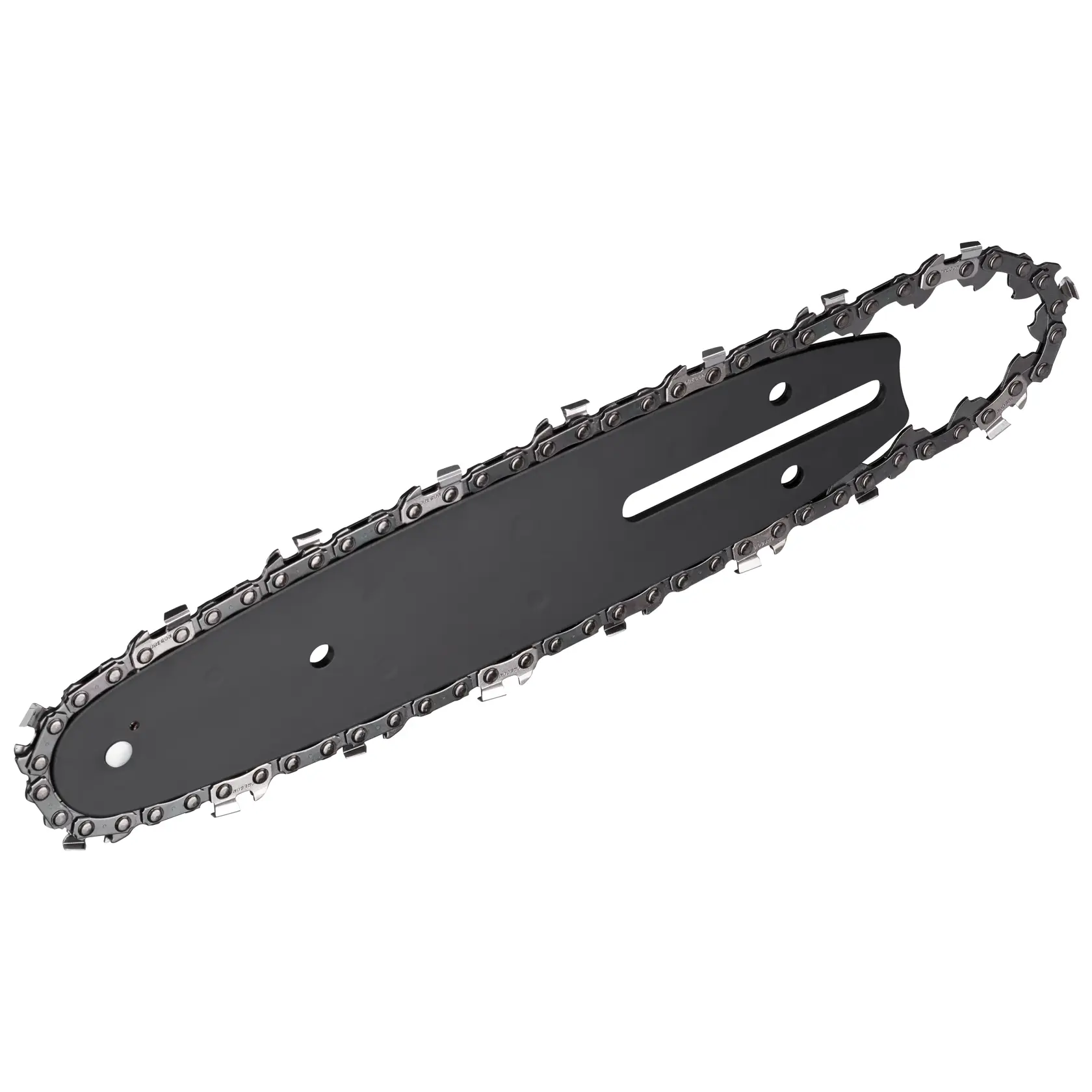 A close-up image of a DEWALT chainsaw bar with an attached chain, shown against a white background.
