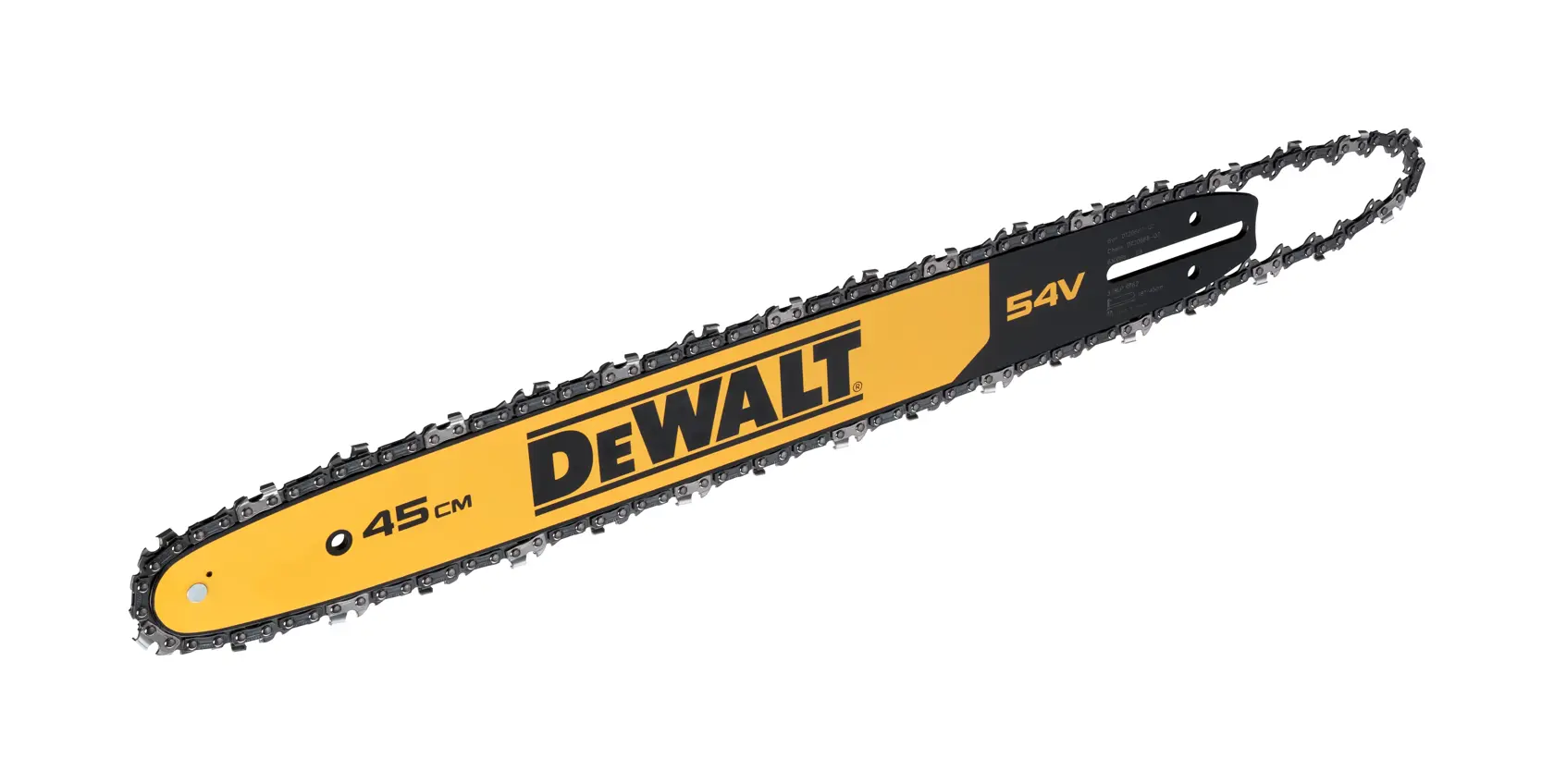 DEWALT 45cm 54V chainsaw bar with chain, yellow and black, designed for power tools.