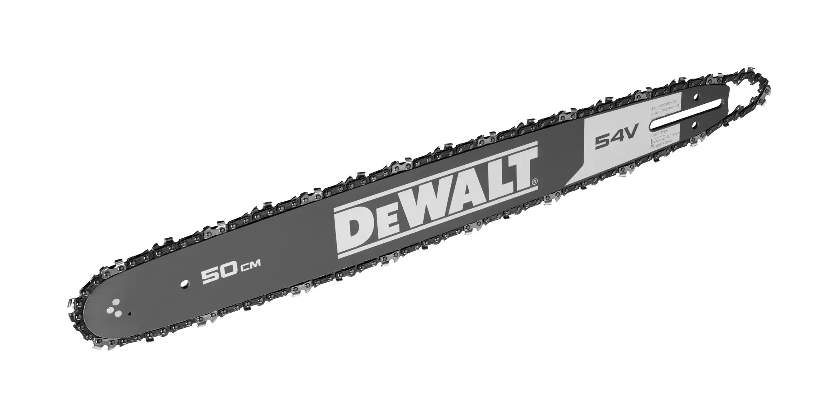 DEWALT 50 cm chainsaw bar with chain, marked 54V. Black and silver design, shown isolated on white.