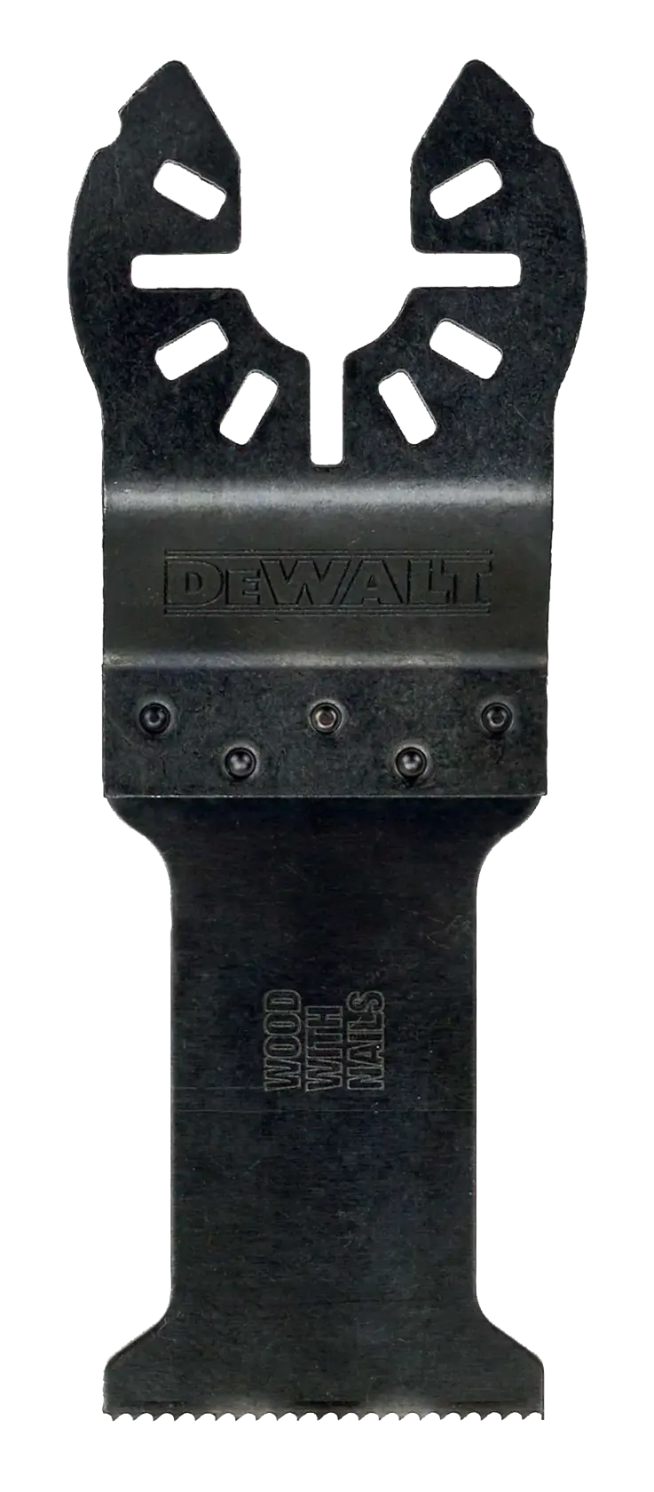 DEWALT DT20701 oscillating tool blade for cutting wood with nails, black, with serrated edge.