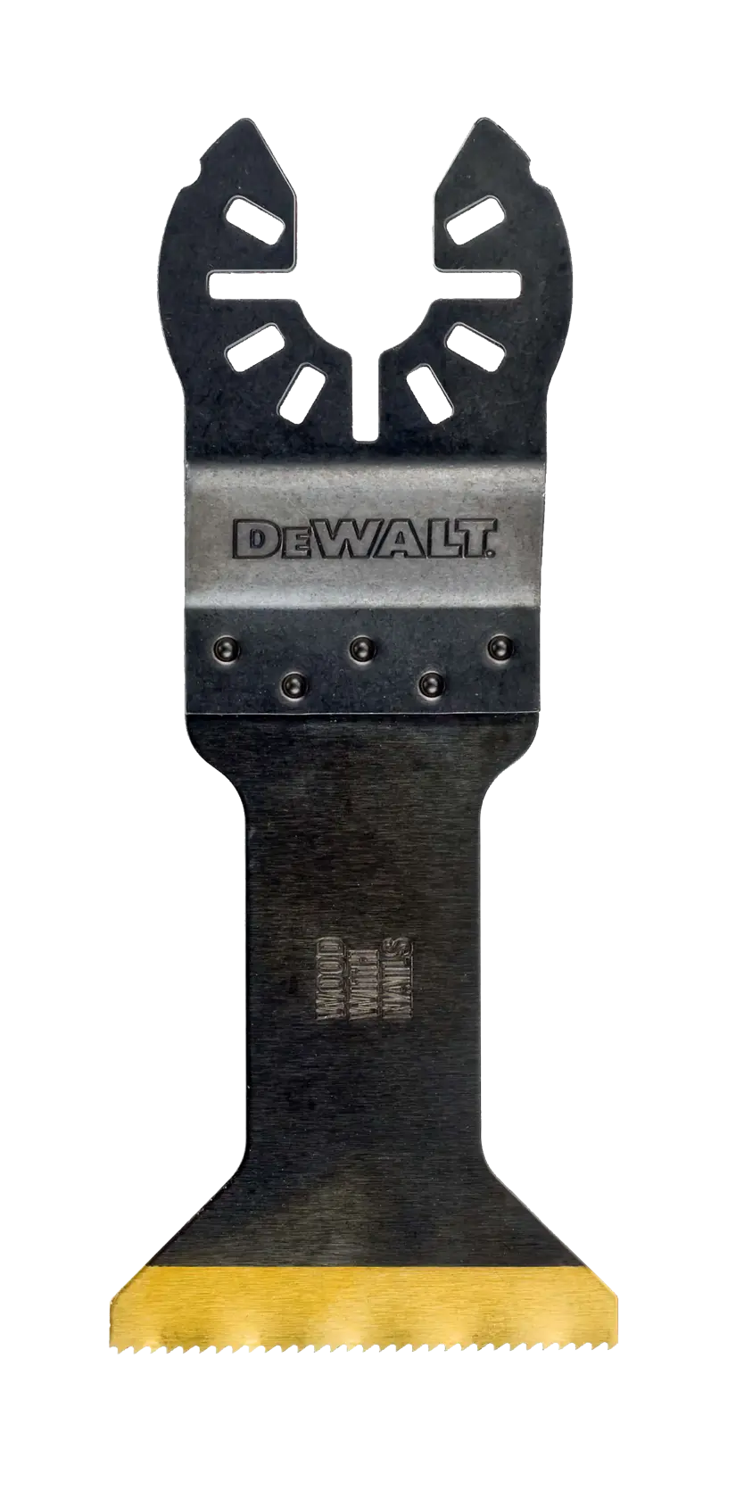 DEWALT DT20702 multi-material oscillating tool blade with a wide, flat cutting edge and a black and silver finish. The blade is designed for use with oscillating power tools.