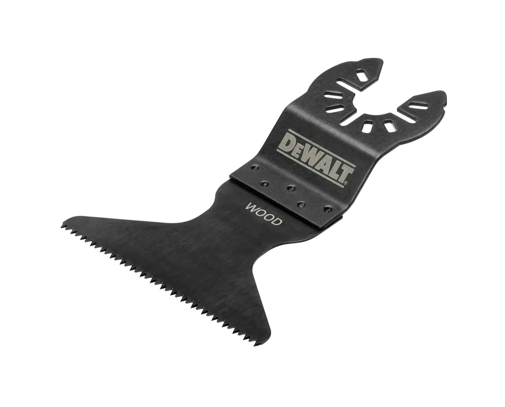 DEWALT DT20705 wood cutting saw blade for oscillating tools, black, with teeth and mounting slot.
