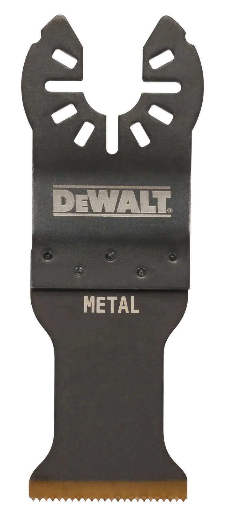 DEWALT DT20707 oscillating tool blade for metal cutting, black with gold edge, DEWALT logo and METAL label.