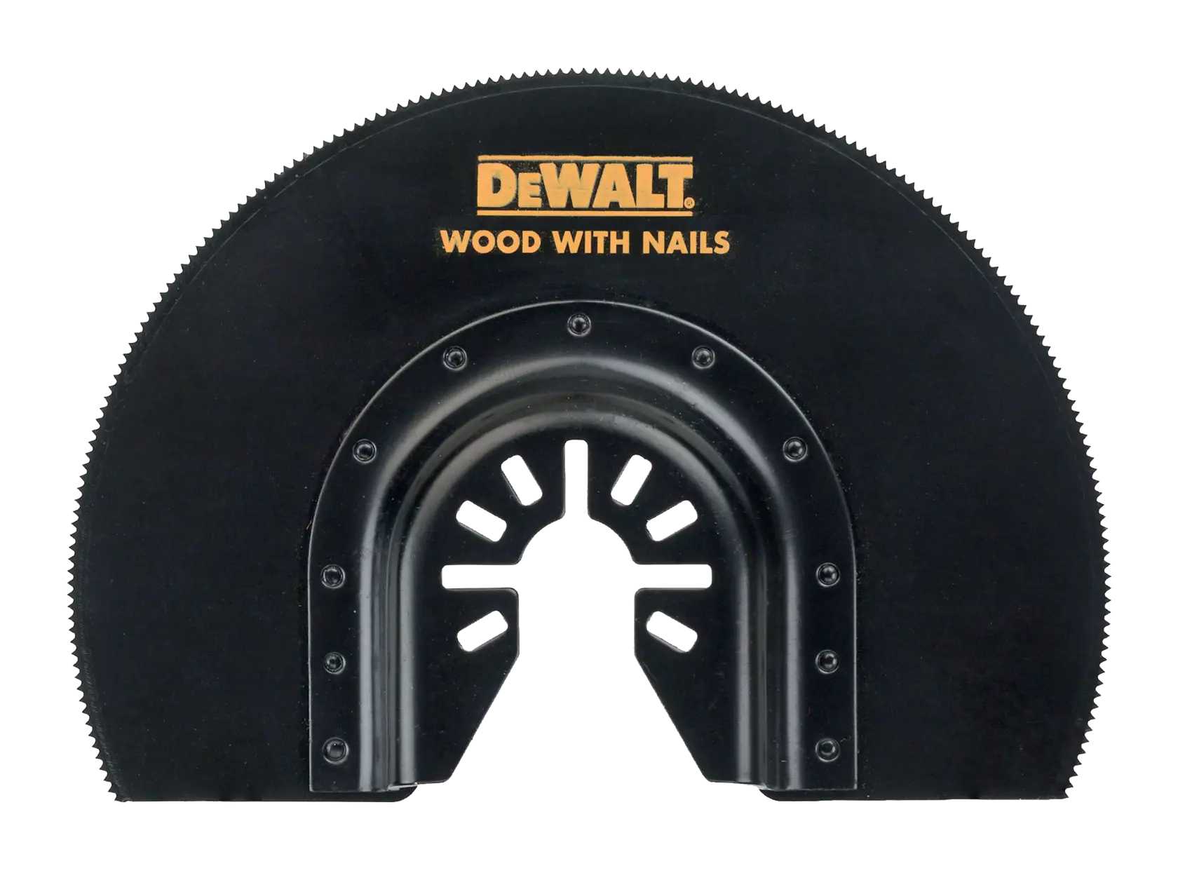 DEWALT DT20710 segmented saw blade for cutting wood with nails, black with mounting hole.