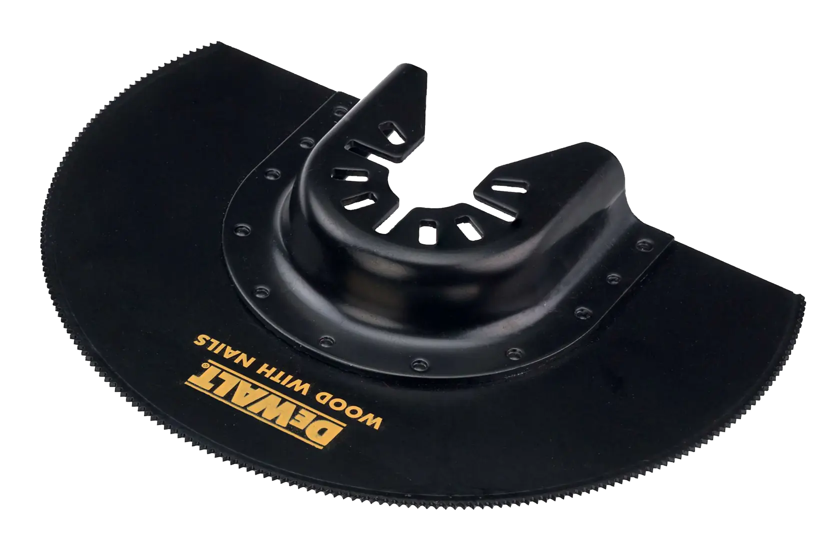DEWALT DT20710 black circular saw blade for cutting wood with nails, designed for oscillating tools.