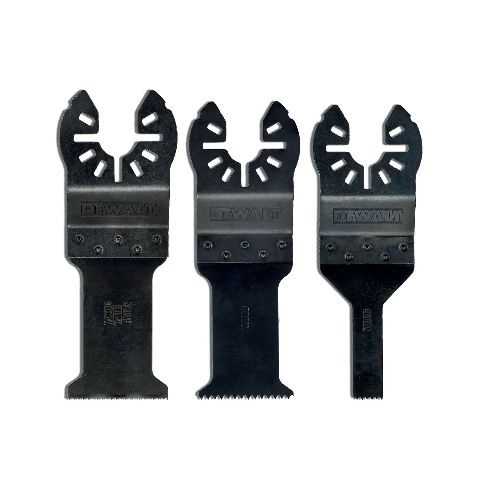 Set of three DEWALT multi-tool blades for wood and metal, shown upright with DEWALT branding visible.