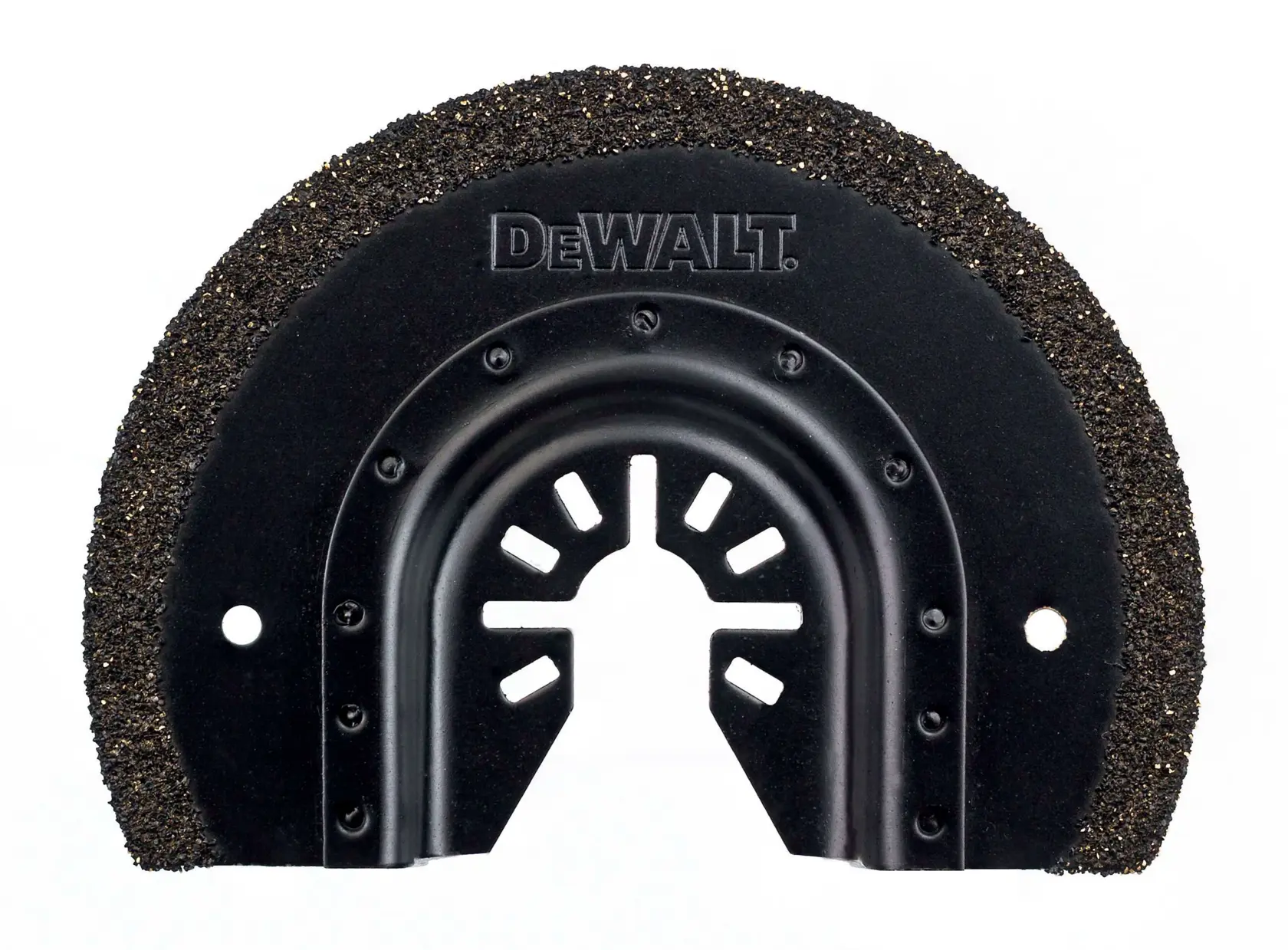 DEWALT semicircular carbide blade for oscillating tools, black, with grit edge and center cutouts.
