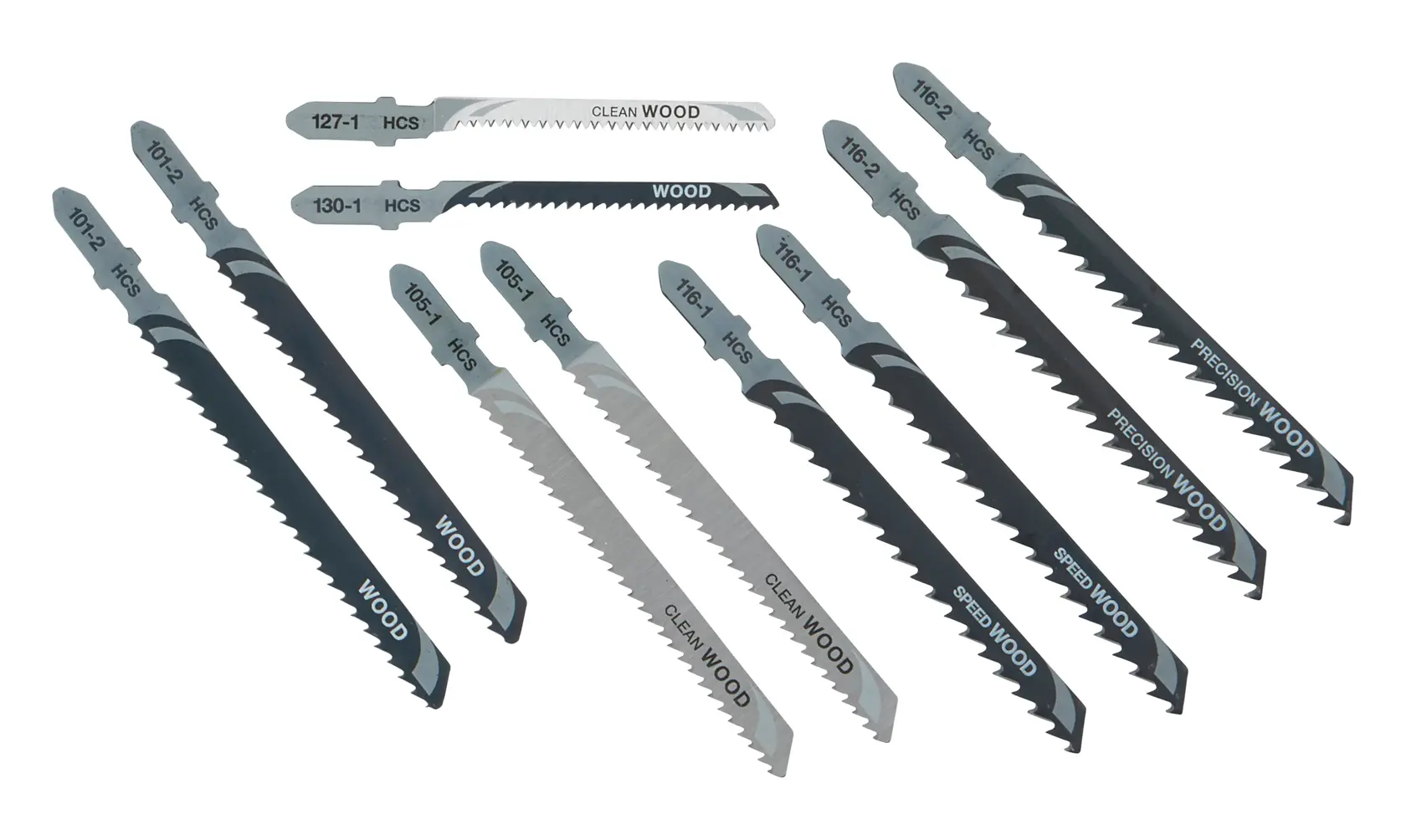 Set of ten DEWALT jigsaw blades for woodcutting displayed in rows on a white background.
