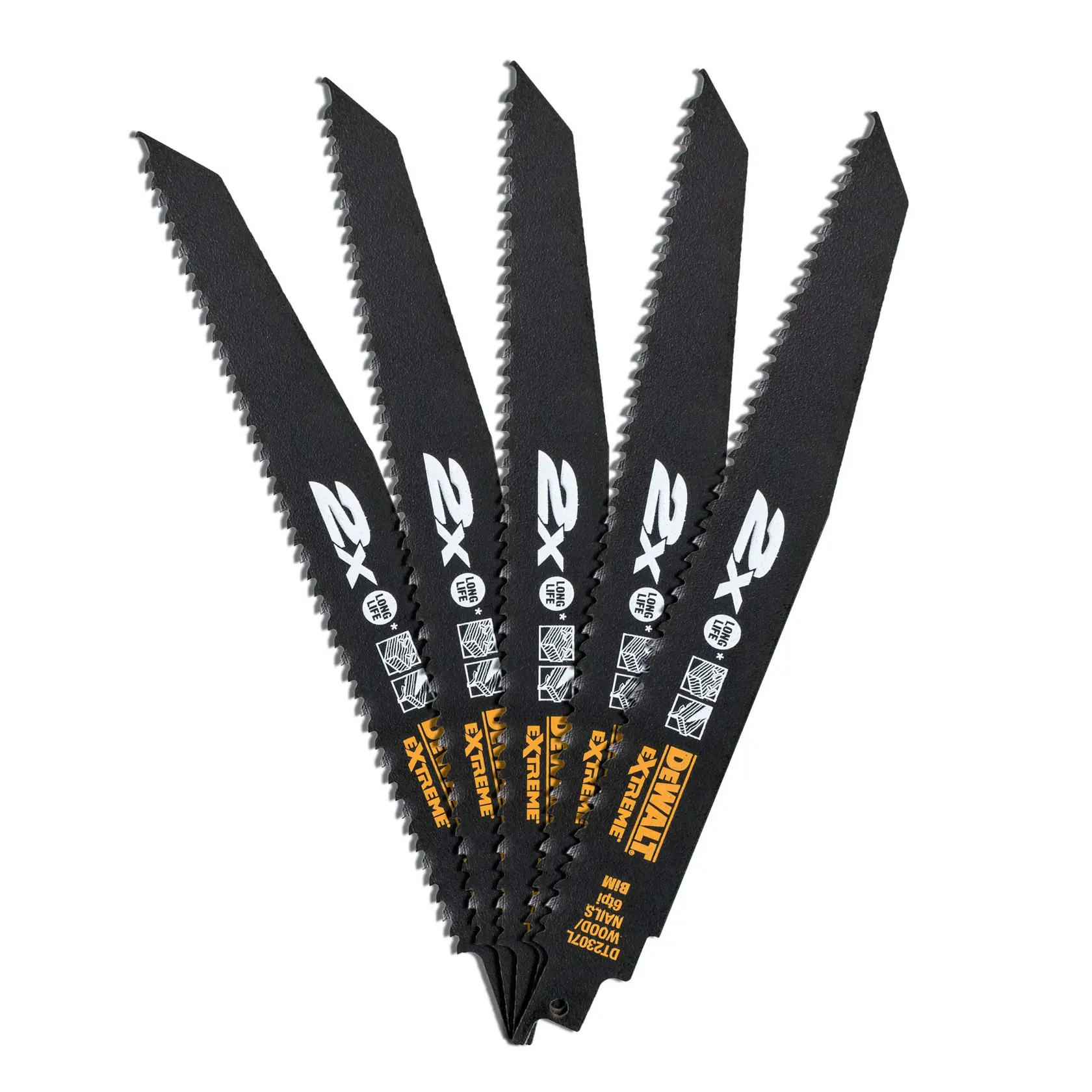 Five DEWALT DT2307L reciprocating saw blades with black and yellow branding, fanned out on a white background.
