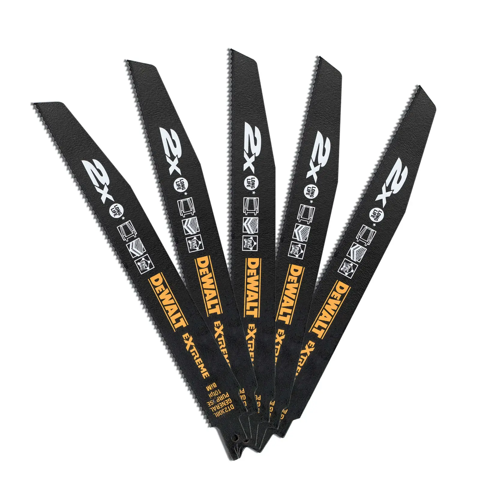 Five DEWALT DT2308L black reciprocating saw blades fanned out, showing logos and cutting icons on each.