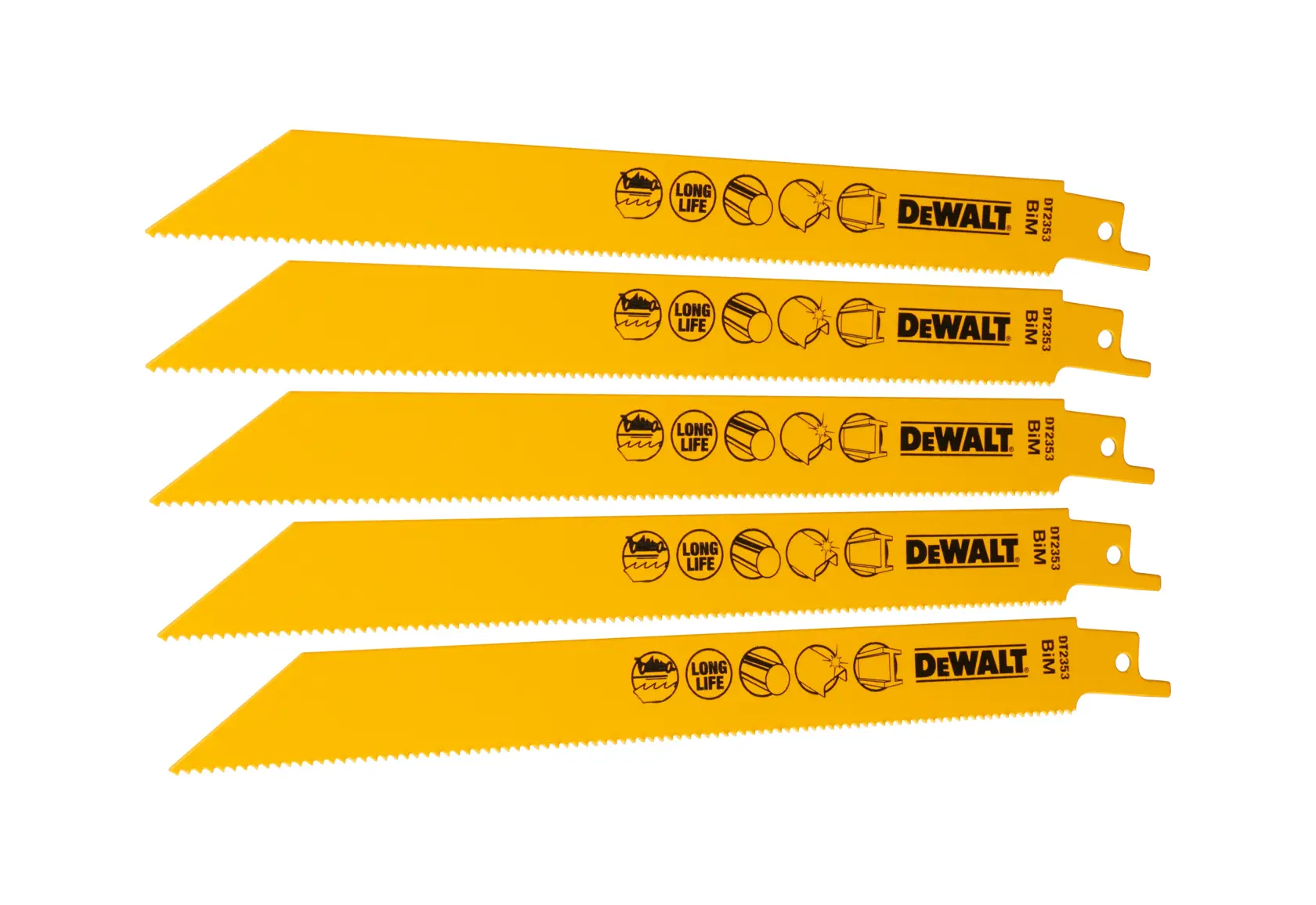 Five yellow DEWALT DT2353 reciprocating saw blades arranged in a fanned-out pattern on a white background. The blades have fine teeth and are labeled with icons and text indicating long life and material compatibility.