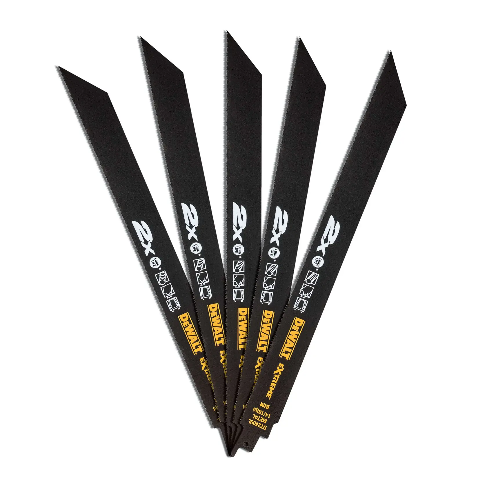 Five DEWALT DT2409L black reciprocating saw blades fanned out, used for cutting various materials.