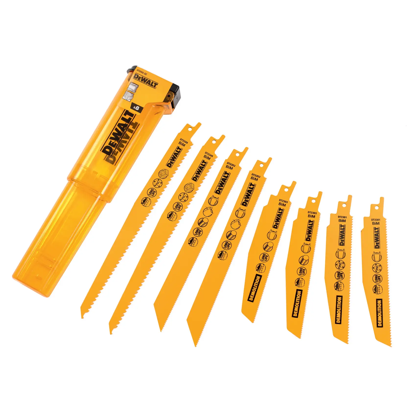 DEWALT DT2442 set with eight yellow reciprocating saw blades and a matching storage case.