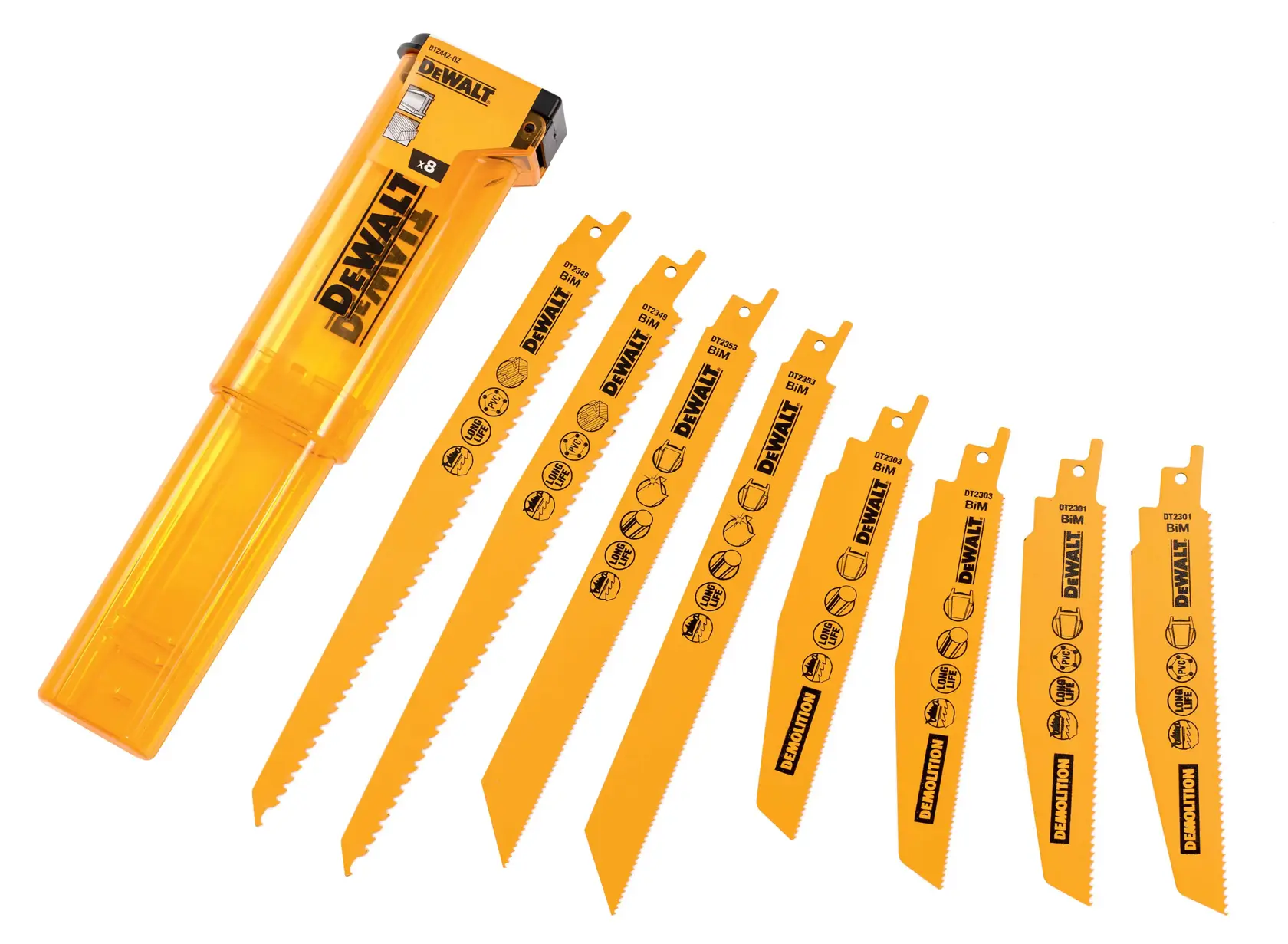 Set aus acht DEWALT Säbelsägeblättern in verschiedenen Größen, neben einem gelben DEWALT Aufbewahrungskoffer dargestellt.