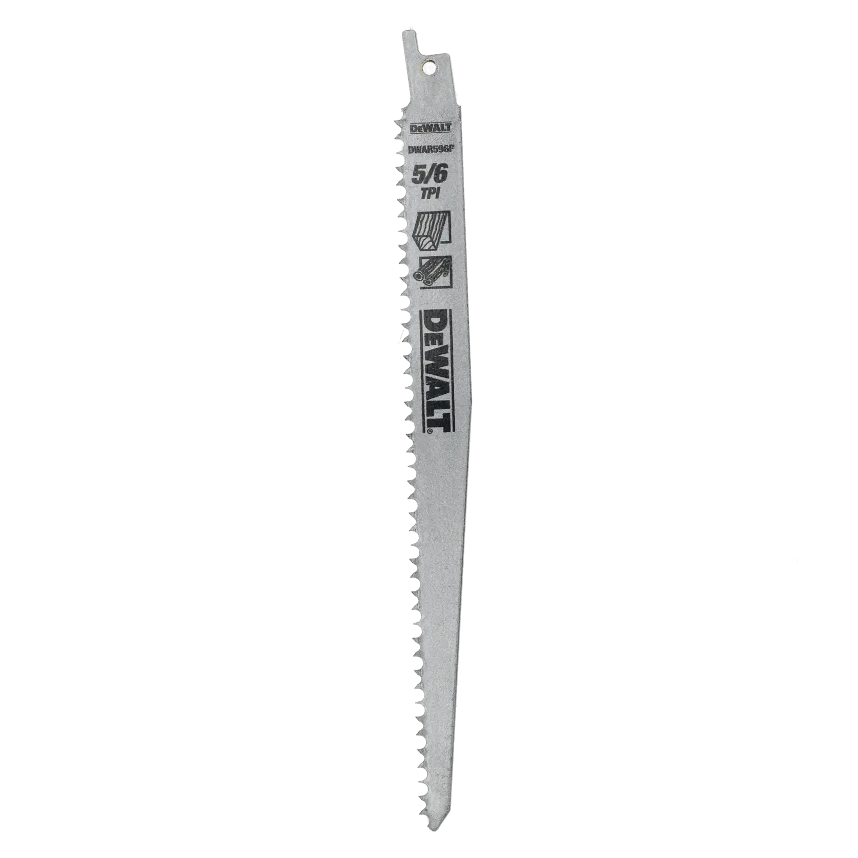 DEWALT DT2493 reciprocating saw blade with 5/6 TPI for wood, shown vertically against a white background.