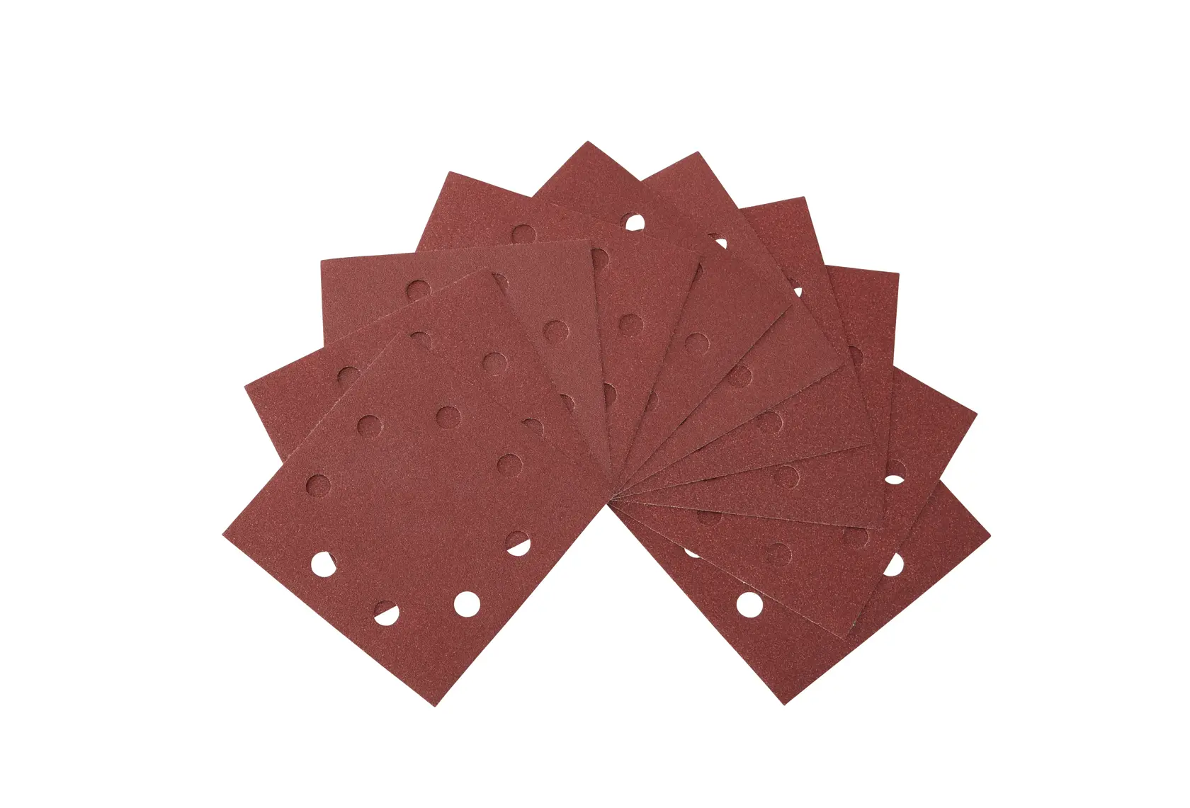 Set of rectangular DEWALT sanding sheets with holes, arranged in a fan shape on a white background.