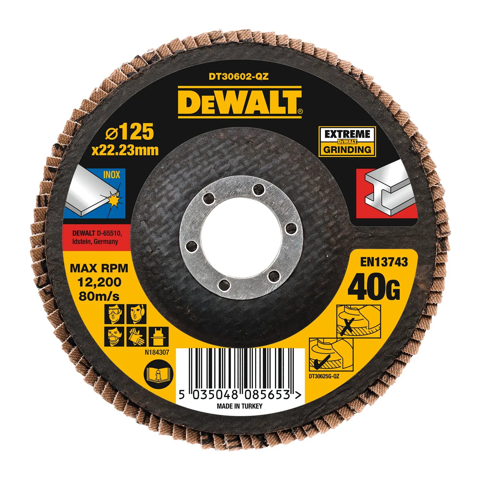 A DEWALT branded abrasive flap disc, model DT30602-QZ, with 125mm diameter and 22.23mm bore, marked for extreme grinding and stainless steel (INOX) use. It features safety and usage instructions, a 40 grit rating, max speed of 12,200 RPM and 80m/s, barcode, and is made in Turkey.
