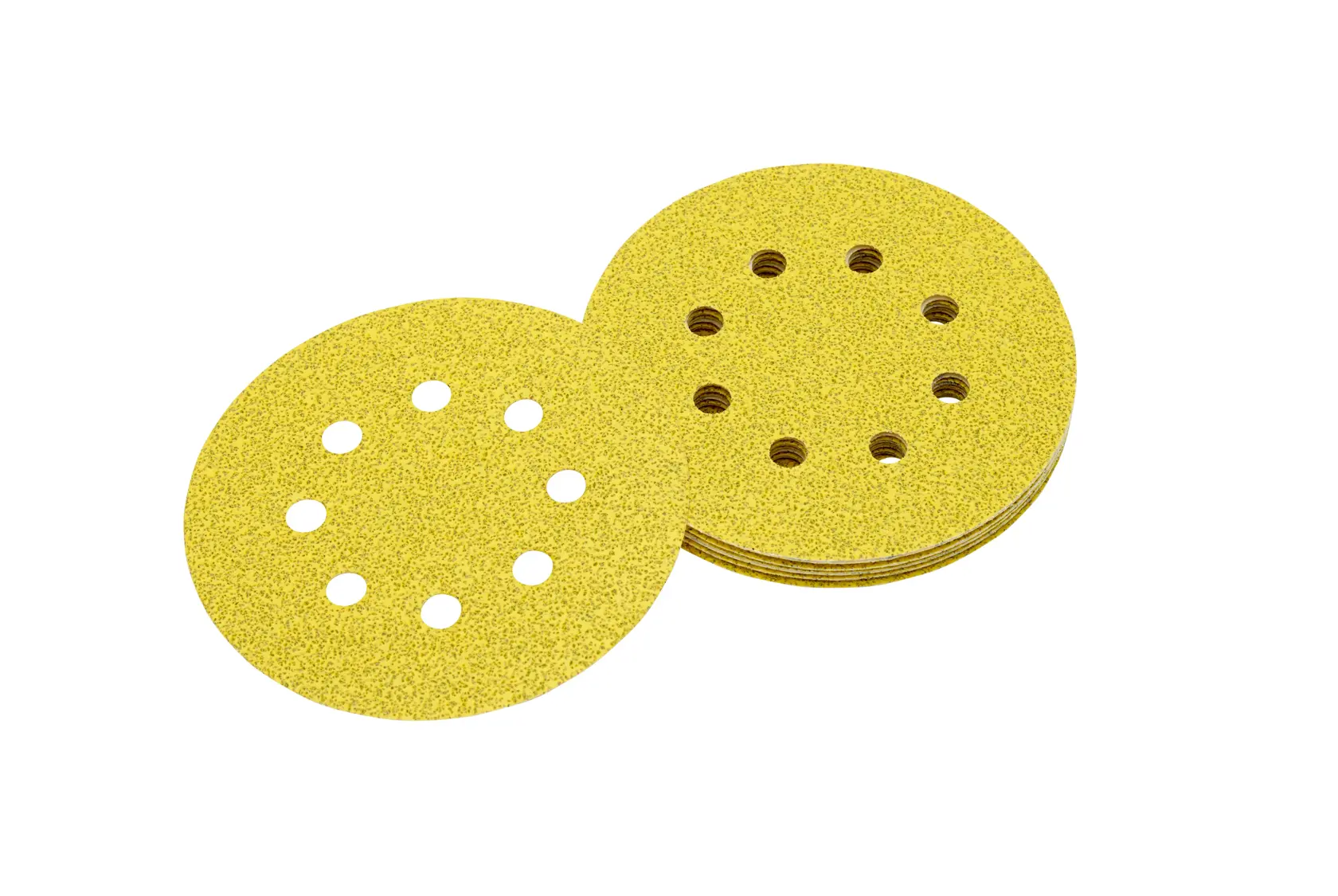 DEWALT DT3115 yellow circular sanding discs with holes, shown in a stack on a white background.