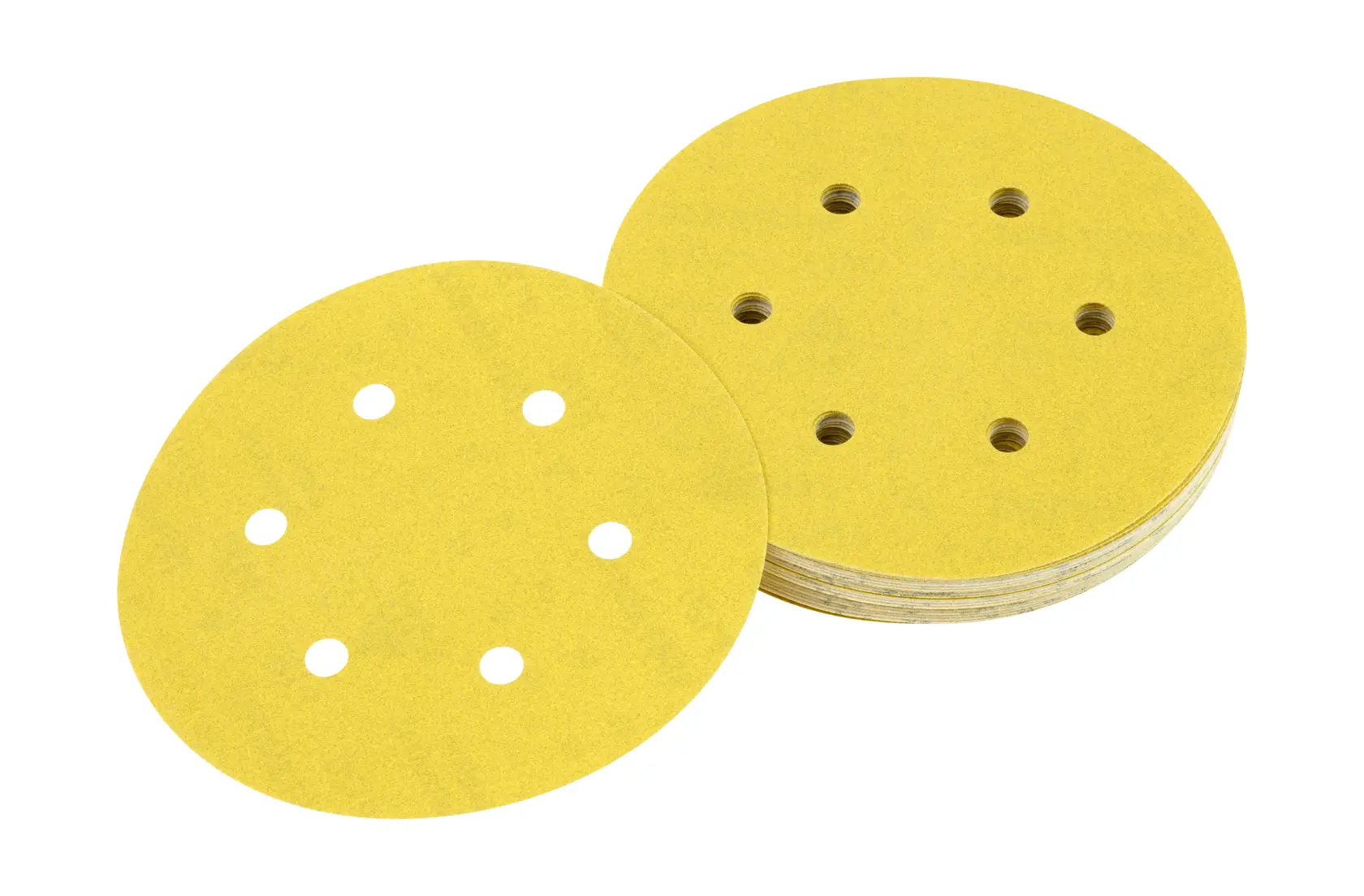 Stack of round yellow sanding discs with 8 holes for compatible sanders.