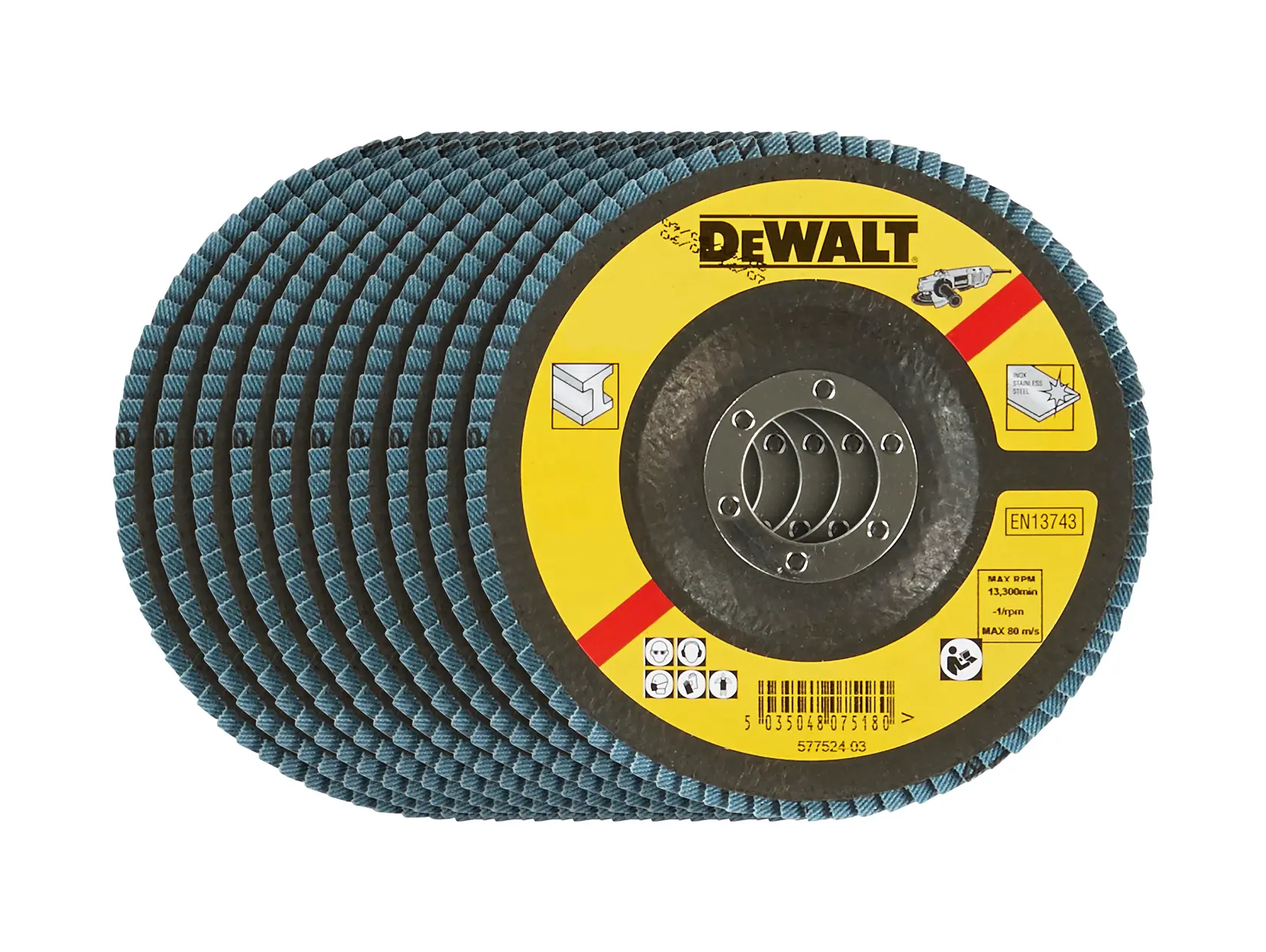 Stack of DEWALT abrasive flap discs for grinding, with yellow label and product info.