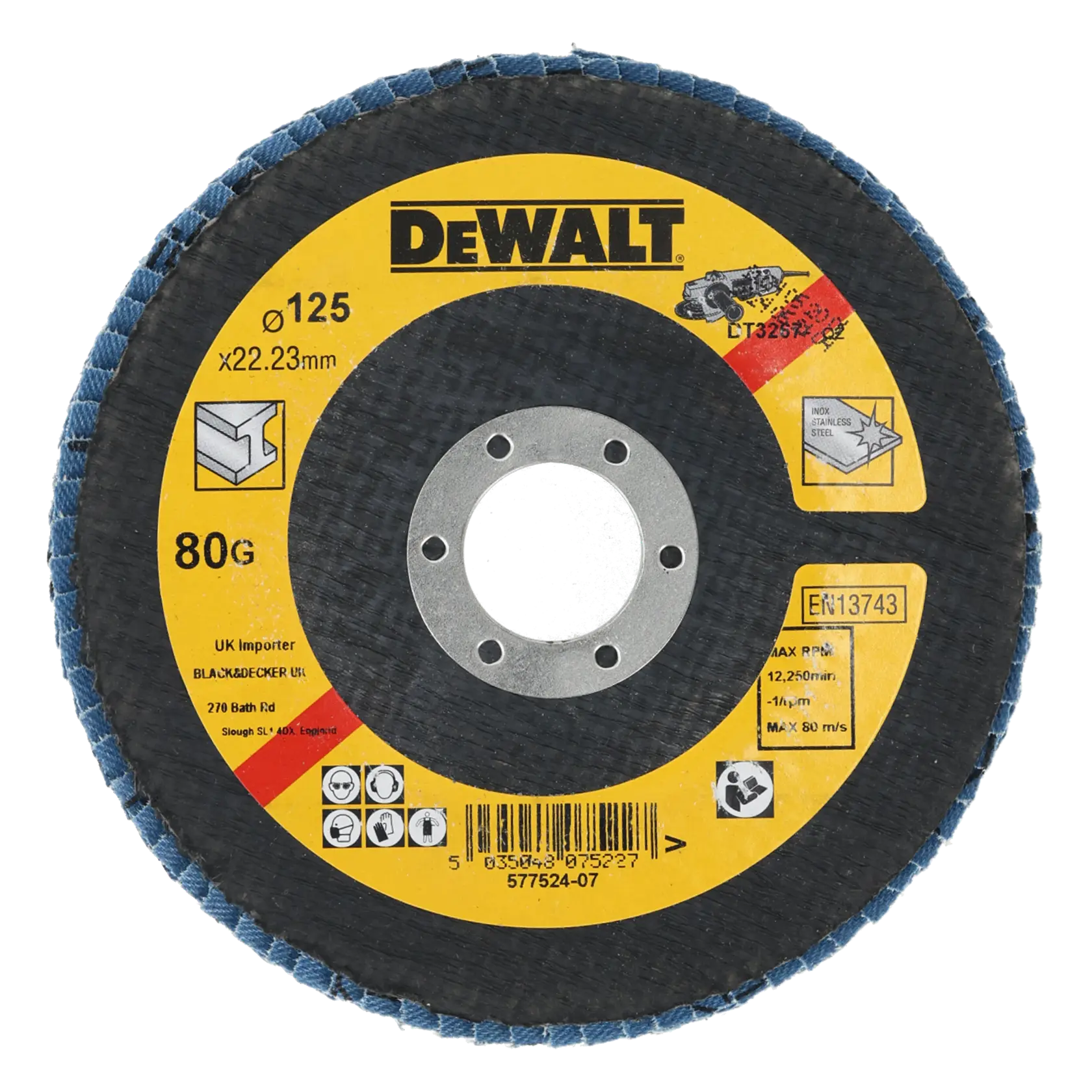A DEWALT branded abrasive flap disc, model DT3267, with a diameter of 125mm and a center hole of 22.23mm, 80 grit. The disc is designed for use with angle grinders and suitable for working with stainless steel and metal surfaces.