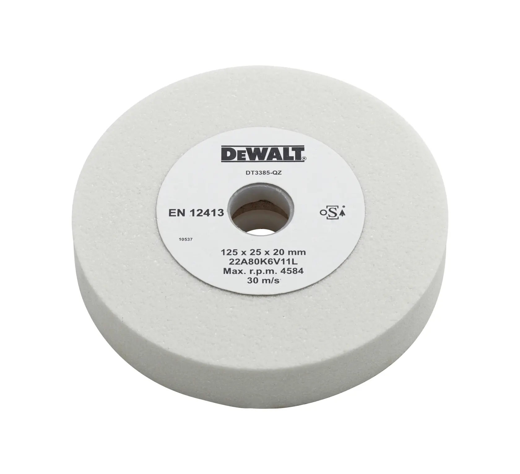 A DEWALT DT3385 white grinding wheel with a central hole, labeled with specifications including size 125 x 25 x 20 mm and maximum speed 4584 RPM.
